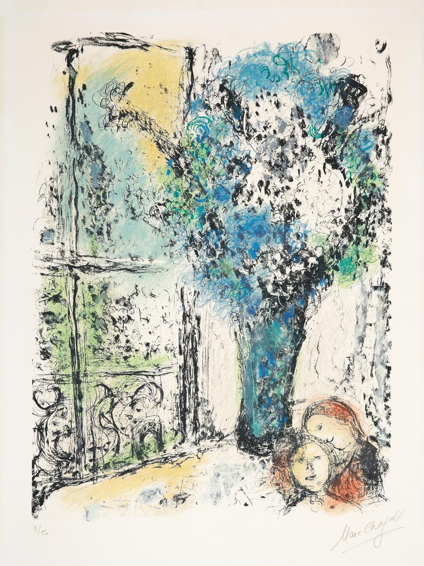 A wonderful lithography in bright colours. The artwork is signed and numbered. 75,7 x 56,8 cm. Edition of 50, signed "Marc Chagall" bottom right in pencil, numbered "9/50" bottom left in pencil.