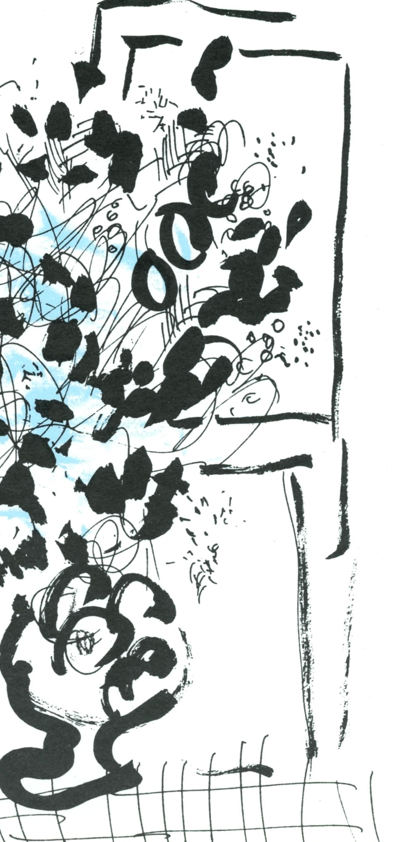 Le bouquet noir et bleu (Cramer 34 ; Mourlot 202), Chagall - Noir Figurative Print par Marc Chagall
