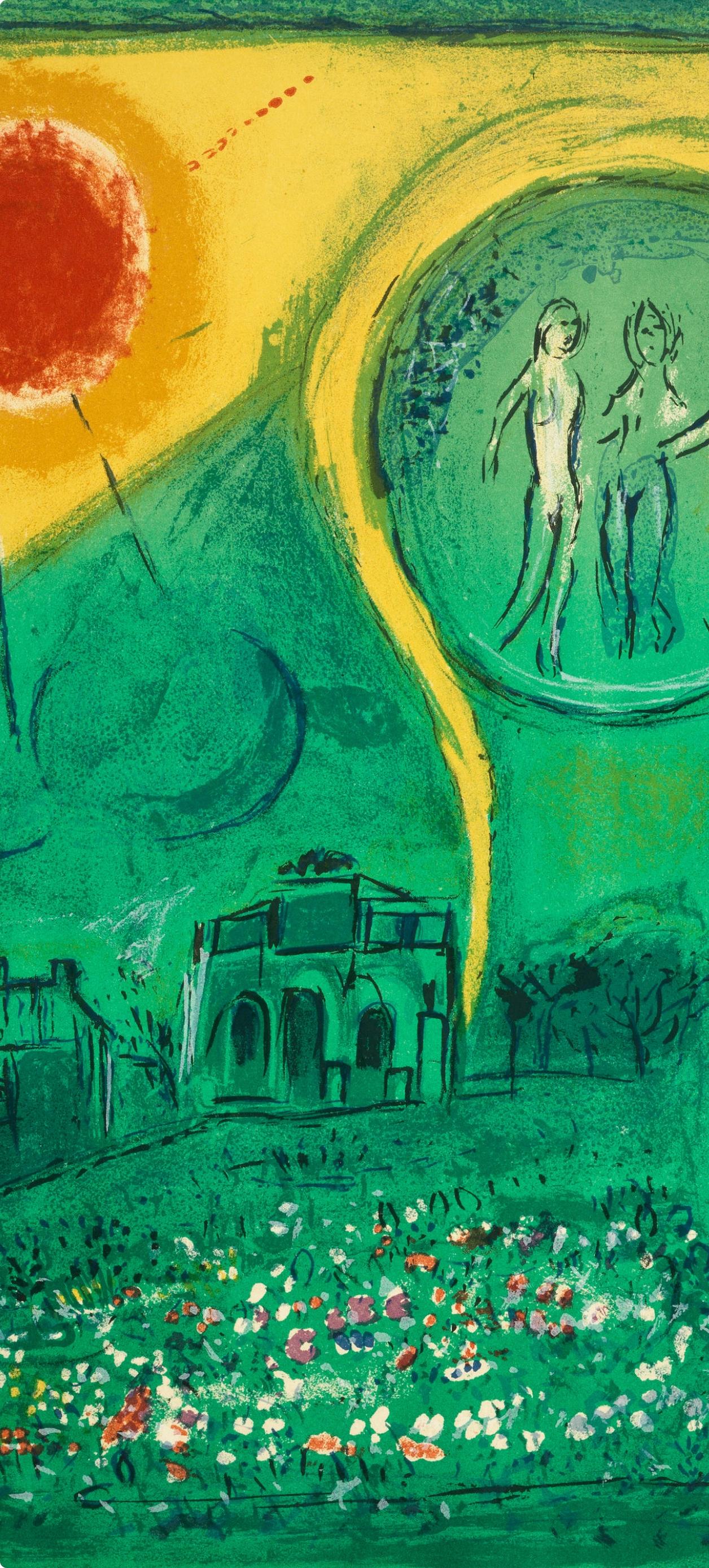 Le Carrousel du Louvre (Cramer 24; Mourlot 103), Derrière le miroir - Landscape Print Azul de Marc Chagall