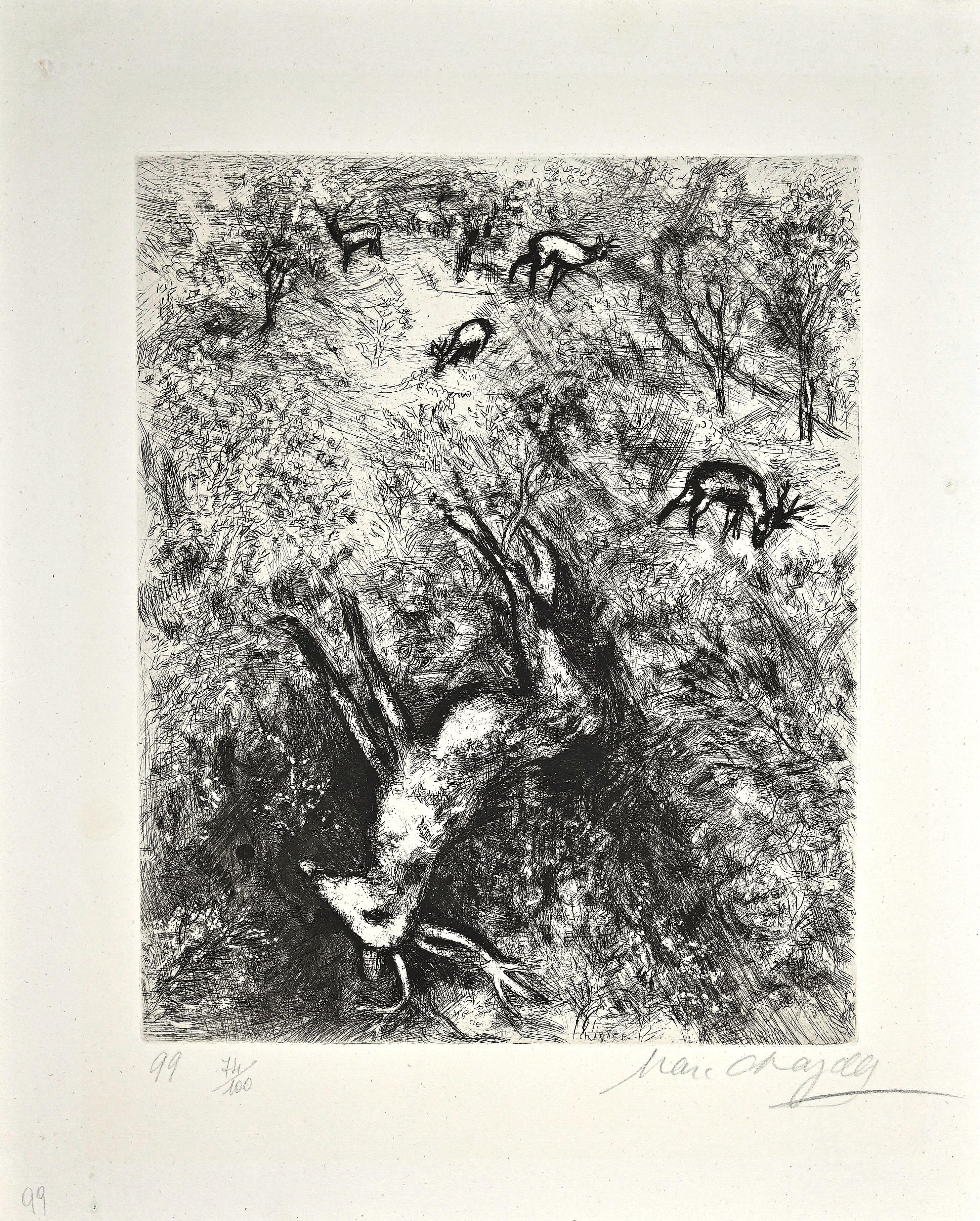 Beautiful etching from the series "Le Fables de La Fontaine", realized by Marc Chagall in 1927/30.

Hand Signed. Edition 74/100.

Engraved between 1927 and 1930, the "Fables" were printed and published by Ambrose Vollard, Paris.

Ref. Cramer 22;