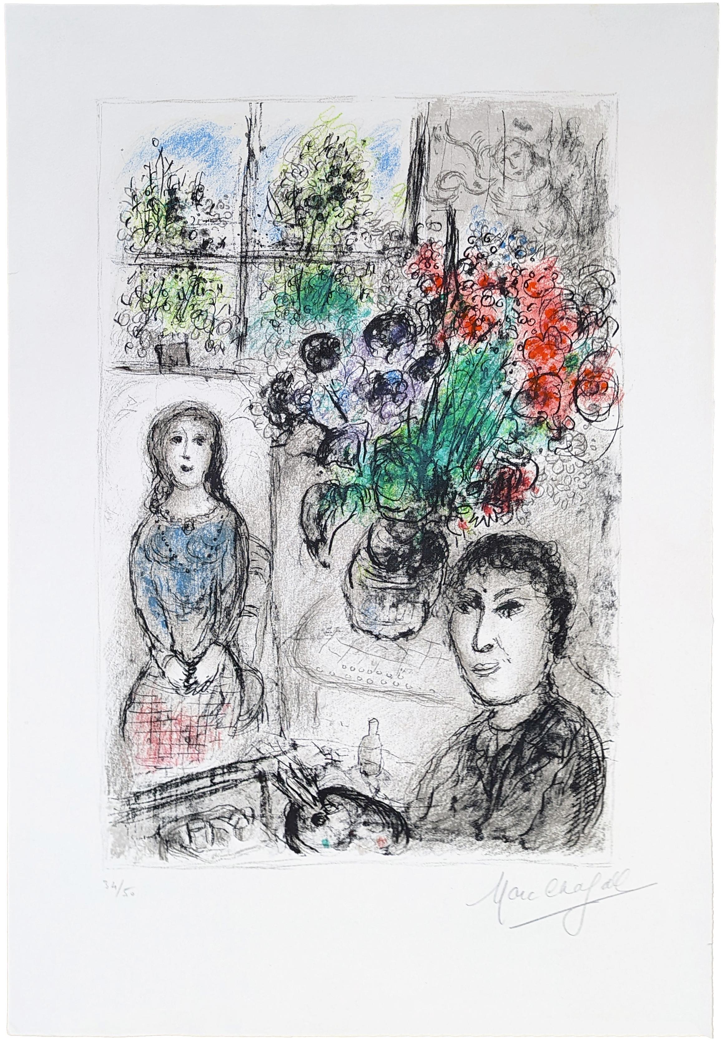 LE CHEVALET AUX FLEURS (MOURLOT 838) – Print von Marc Chagall