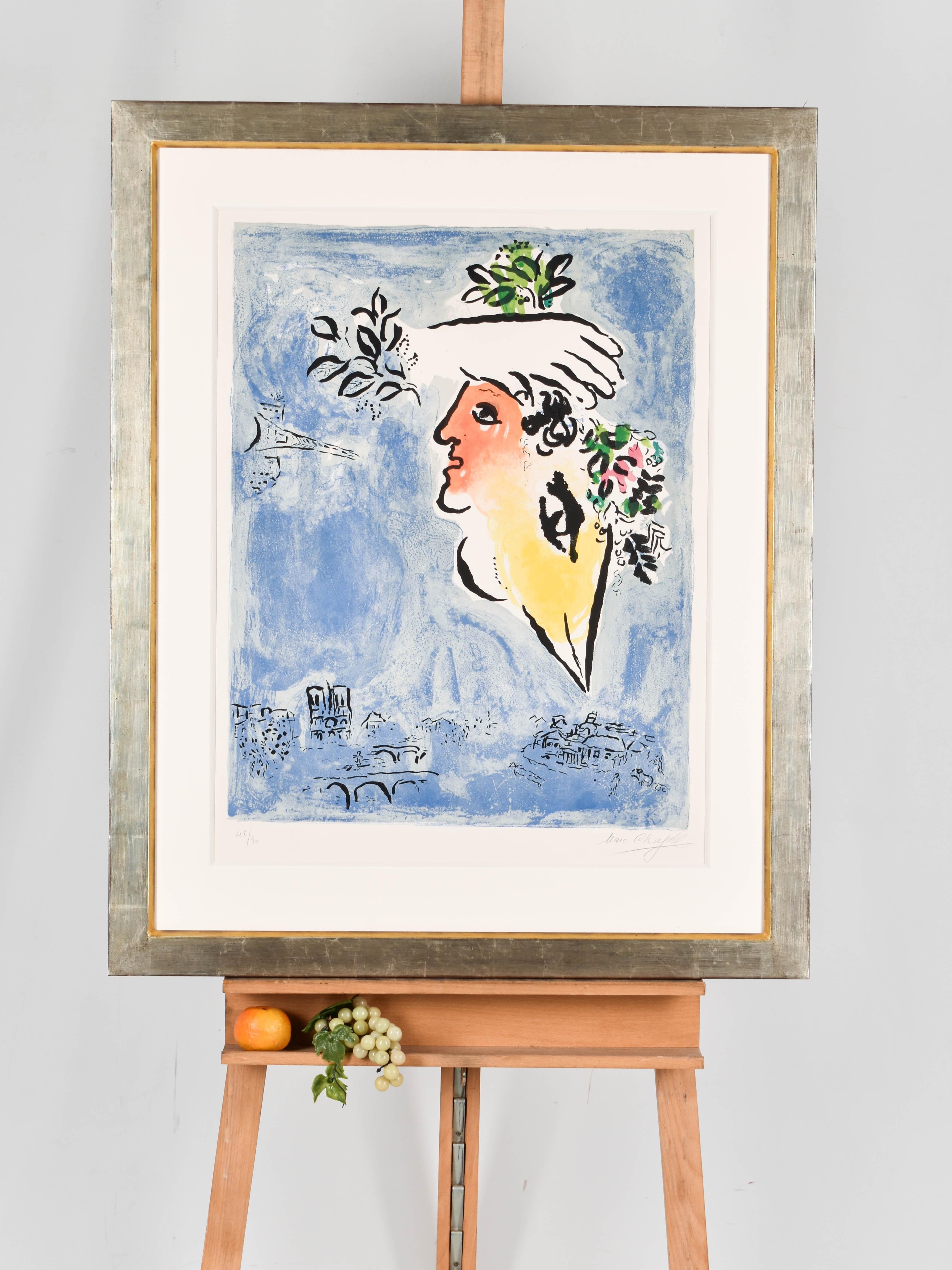 Le ciel blue, Paris - The blue sky of Paris - Lithograph - Hand signed - Print by Marc Chagall