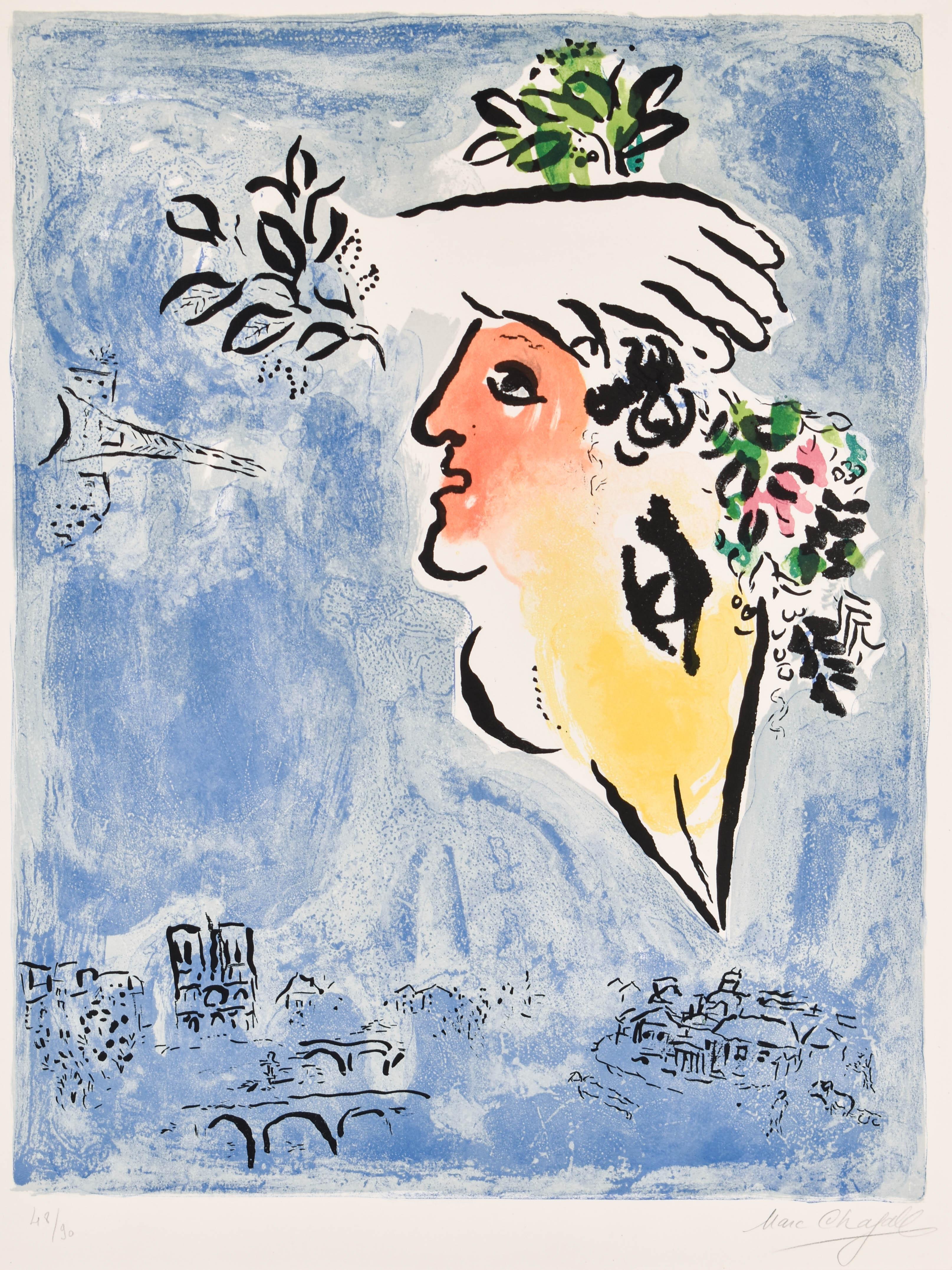 Marc Chagall Abstract Print - Le ciel blue, Paris - The blue sky of Paris - Lithograph - Hand signed 