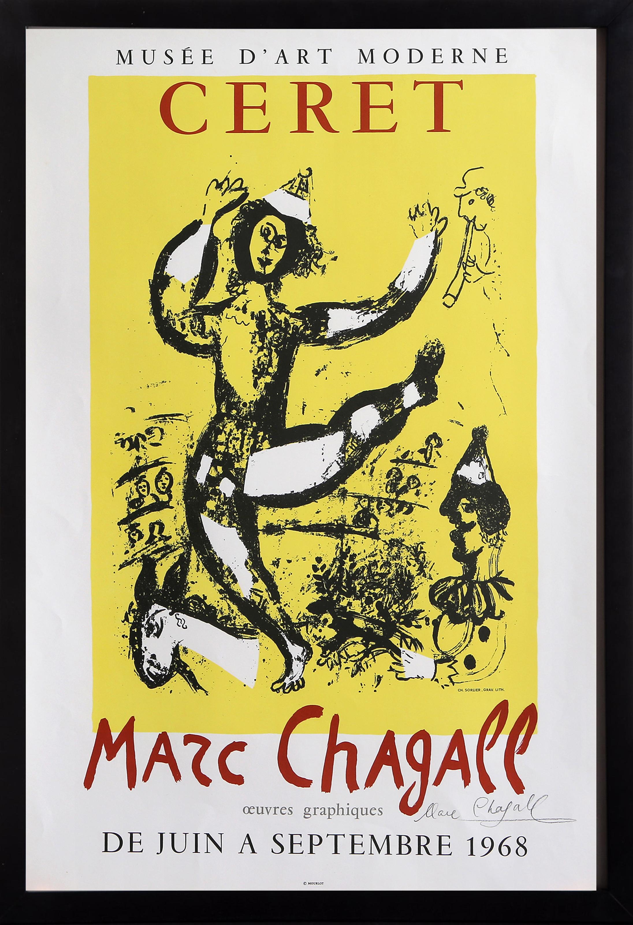 A lithographic poster created for an exhibition of the work of Marc Chagall hosted at the Musée d’Art Moderne of Ceret, France, in 1968.  It was reproduced by Mourlot Master Printer Charles Sorlier, supervised by Marc Chagall. This vibrant poster