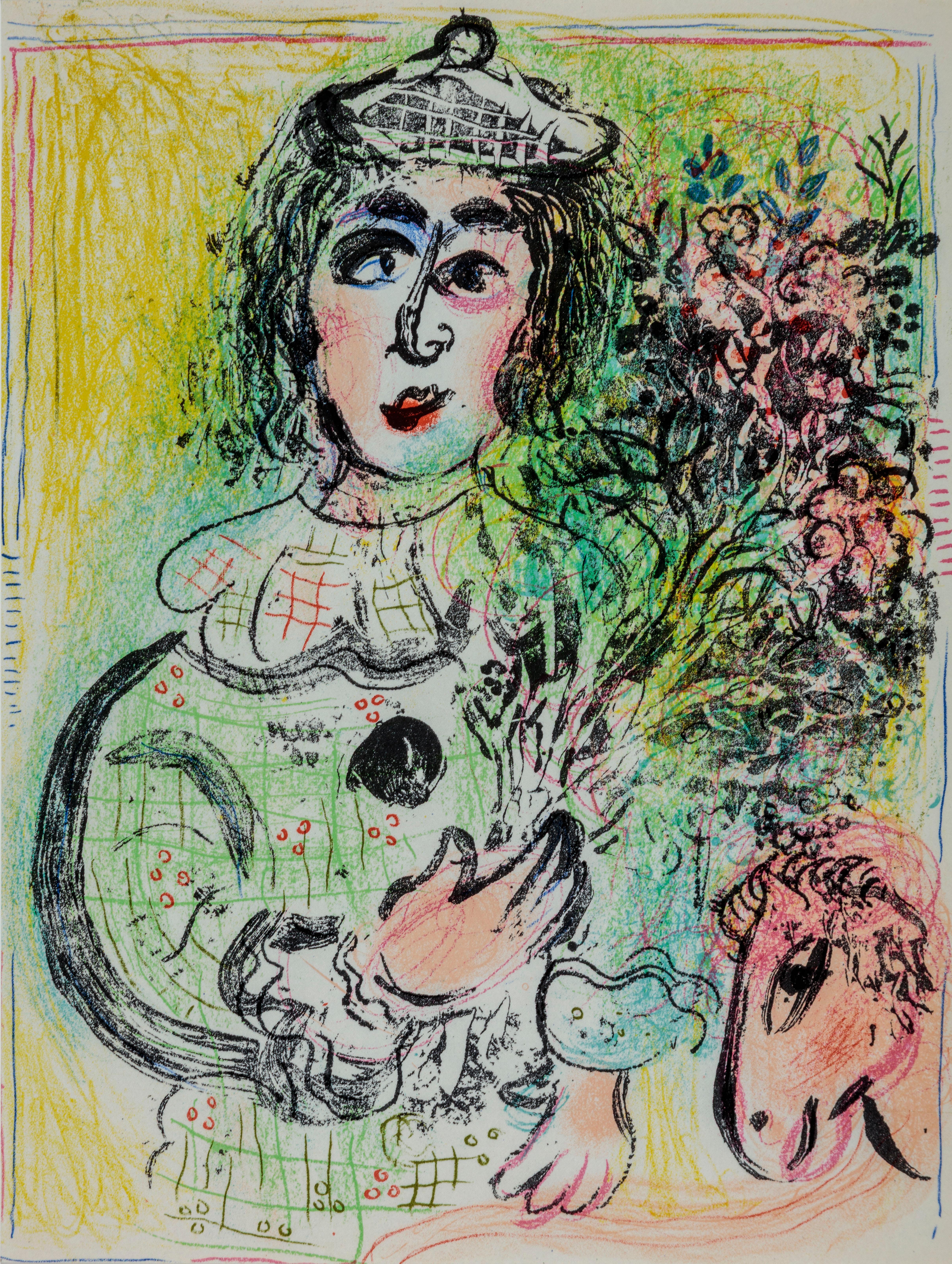 Marc Chagall Figurative Print - Le Clown fleuri (The Clown with flowers)
