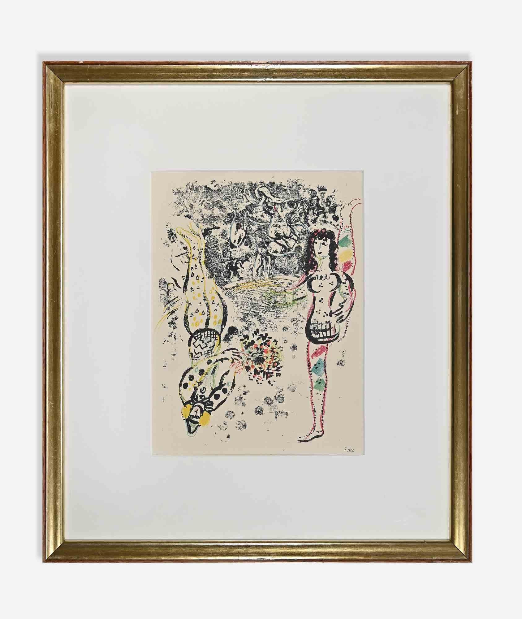 Le Jeu des Acrobates is a contemporary artwork realized after Marc Chagall in 1963.

Mixed colored lithograph from "Lithographe II", Deluxe edition of 1963.

Numbered on the lower right. Edition of 2/150 copies on handmade paper.

Printed by Atelier