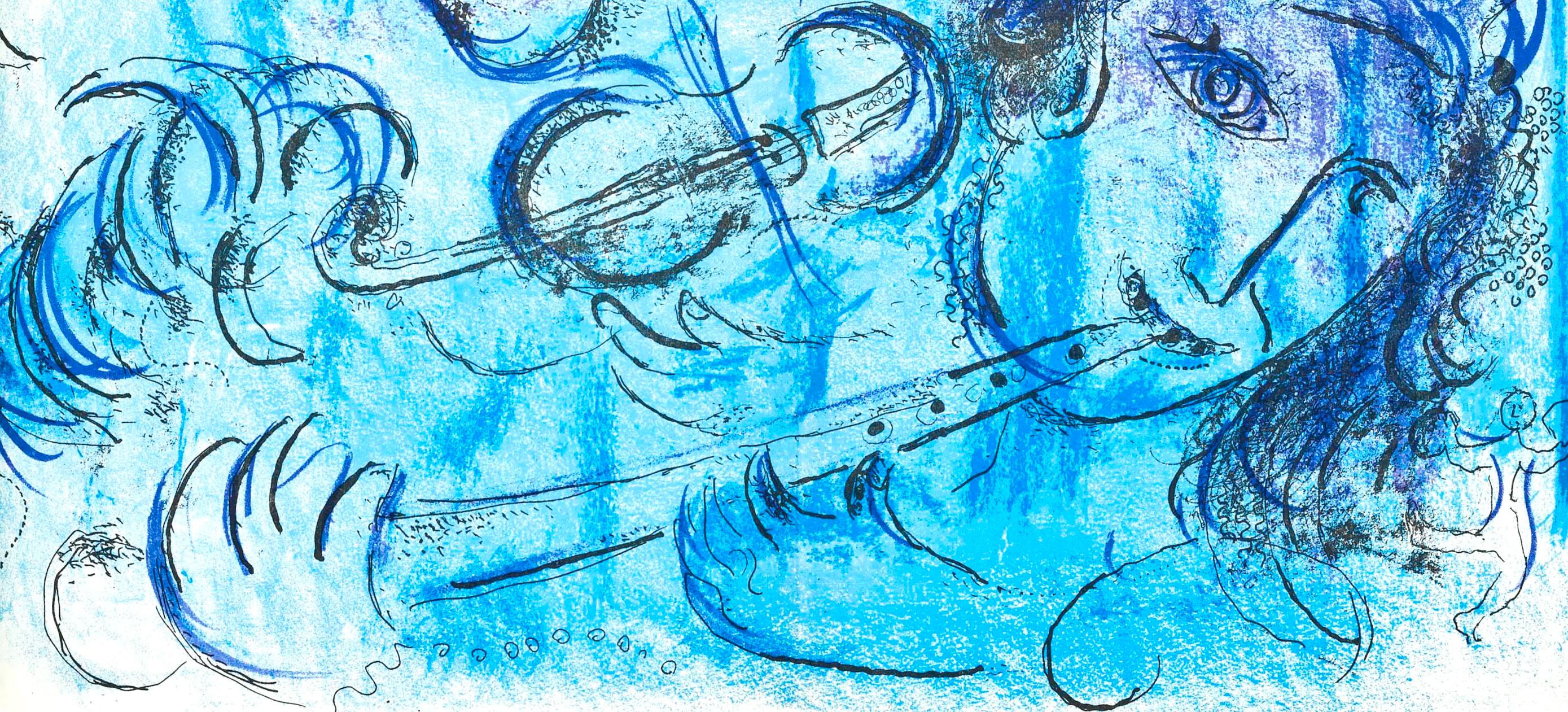 Le Joueur de Flûte (Cramer 34 ; Mourlot 197), Chagall - Bleu Figurative Print par Marc Chagall