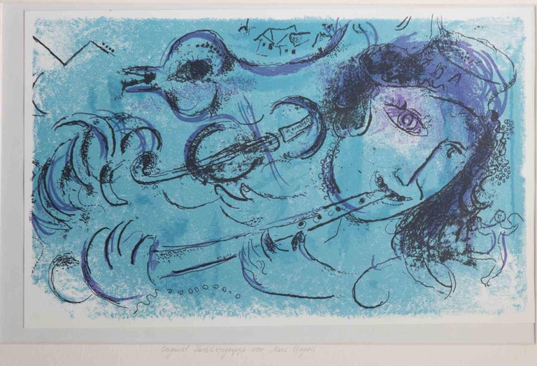 Le Joueur de Flute is an original artwork realized in 1957 by Marc Chagall.

Mixed color lithograph

Reference: Mourlot 197. 

Good condition.

Printed in 1957 at the Mourlot atelier and published by Maeght. This artwork is one of the original