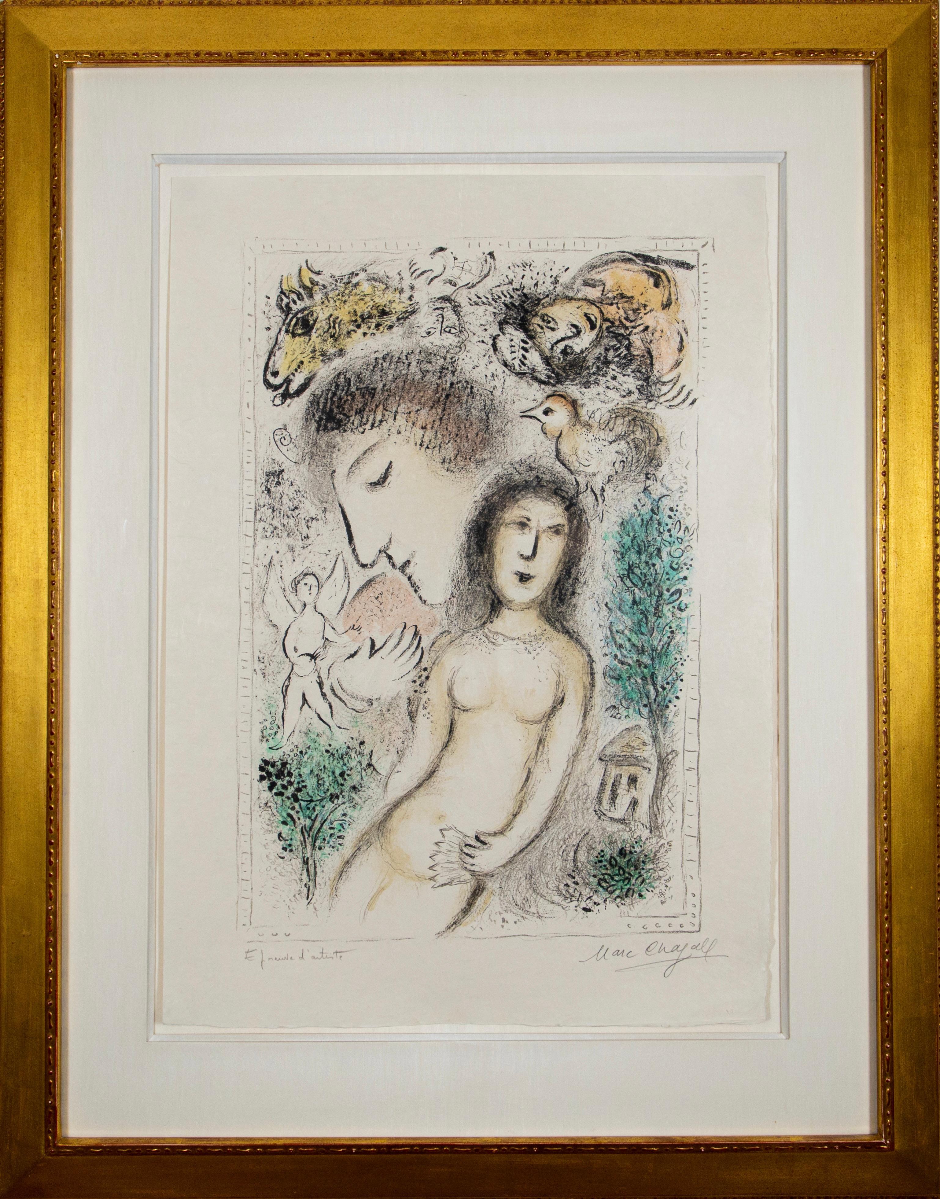 “Le Nu” The Nude - Color lithograph 1978 - Framed - Signed - angel, bird - Print by Marc Chagall