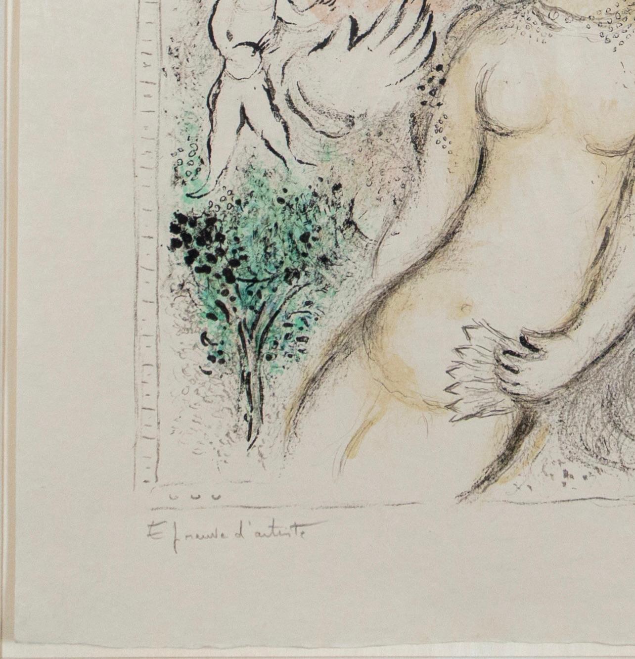 Le Nu The Nude - Farblithographie 1978 - gerahmt - signiert - Engel, Vogel im Angebot 1