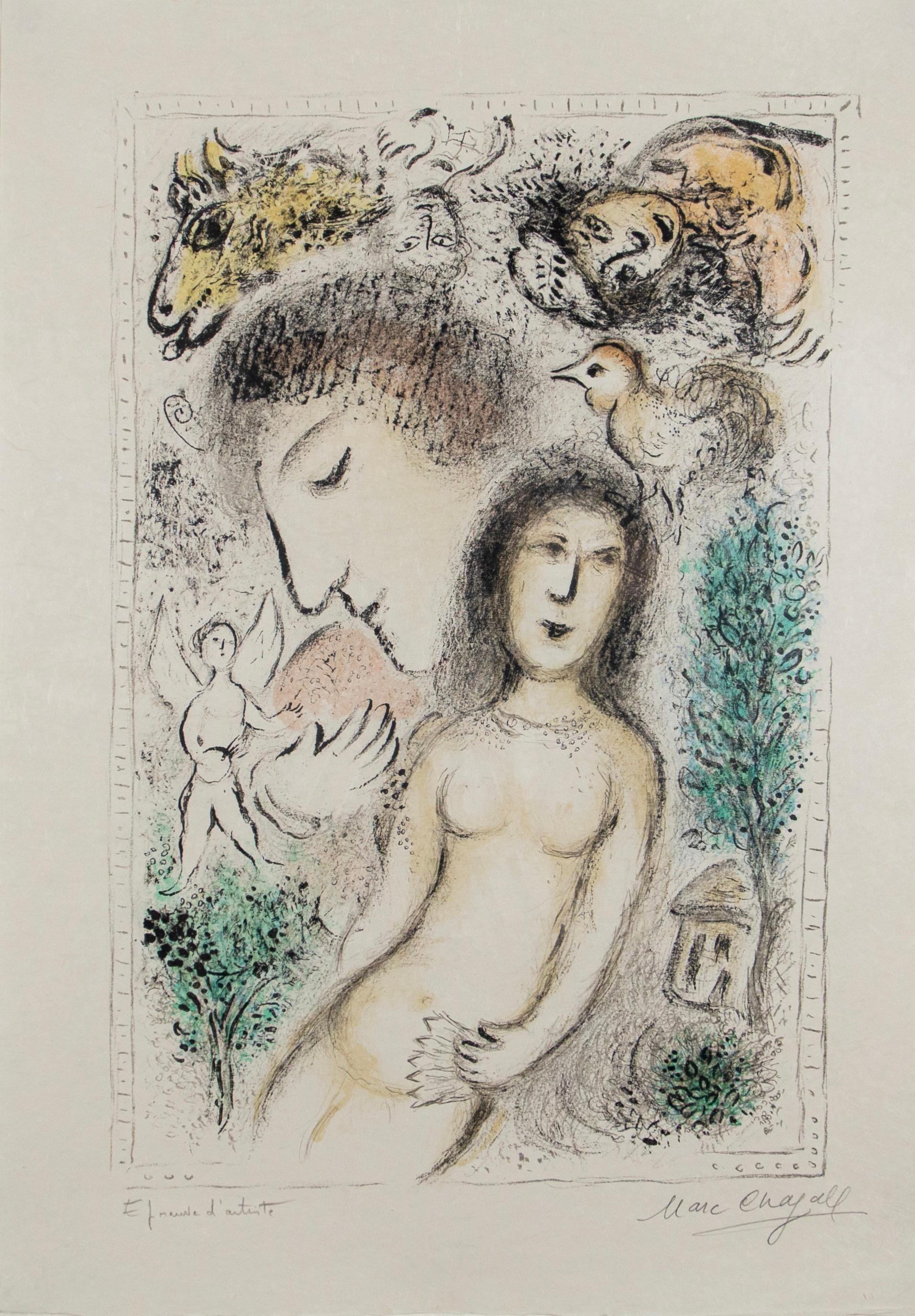 Marc Chagall Nude Print - “Le Nu” The Nude - Color lithograph 1978 - Framed - Signed - angel, bird
