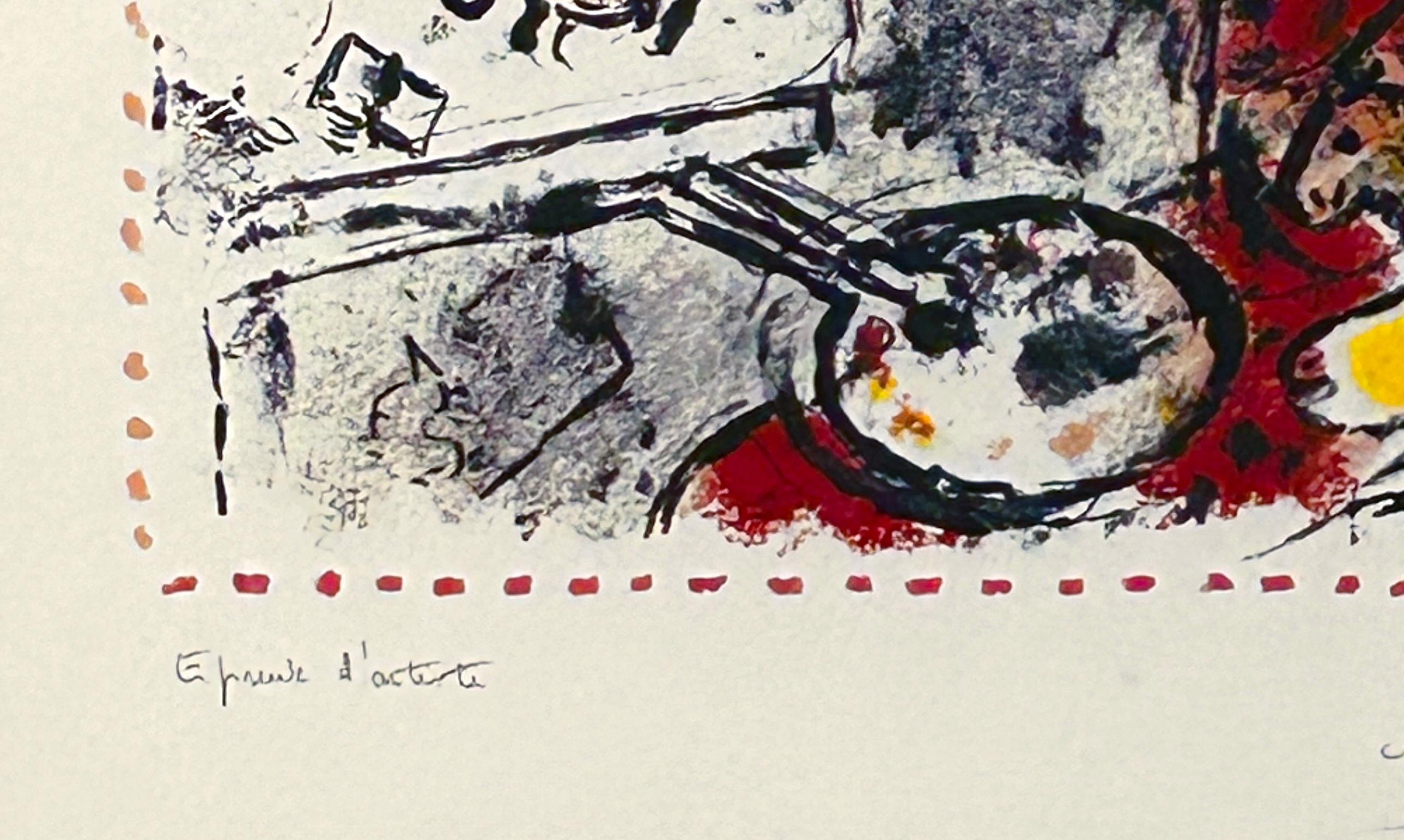 Le Peintre a la Veste Rouge (El pintor del chaleco rojo) - Figurative Print Beige de Marc Chagall