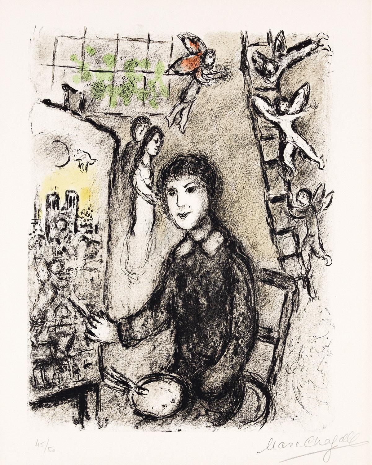 Marc Chagall Figurative Print - Le Peintre devant le Tableau