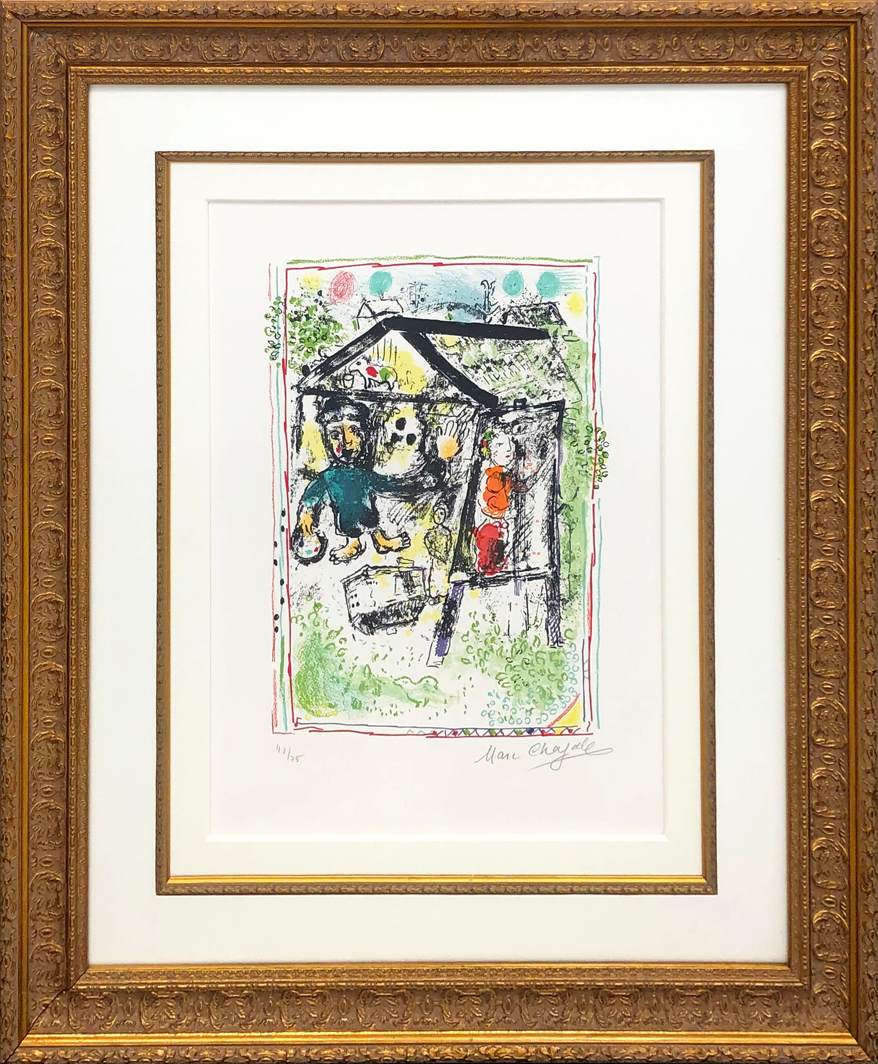 Marc Chagall Portrait Print - Le Peintre Devant Le Village I (Mourlot 603)