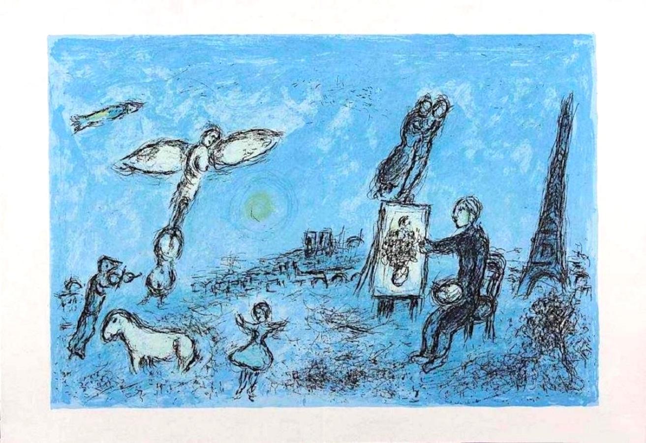 Le Peintre et son Double is a beautiful color lithograph realized by the Surrealist painter Marc Chagall in 1981.

This print is from the portfolio Derrière Le Miroir No. 246. Ref.: WVZ Mourlot 992.

Dimensions: cm 48 x 63. Image dimensions: cm 37,5