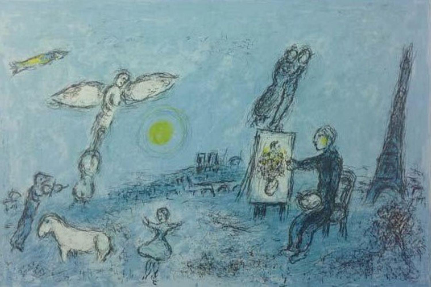 Marc Chagall Figurative Print - "Le Peintre et son Double", page from Derrière le miroir, Maeght Editeur, 1981. 