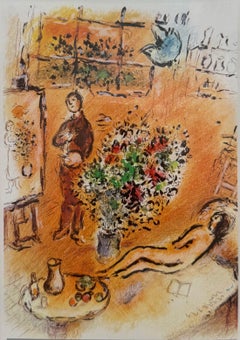 Le studio baigné de soleil - Chagall color lithograph of his studio in sunlight