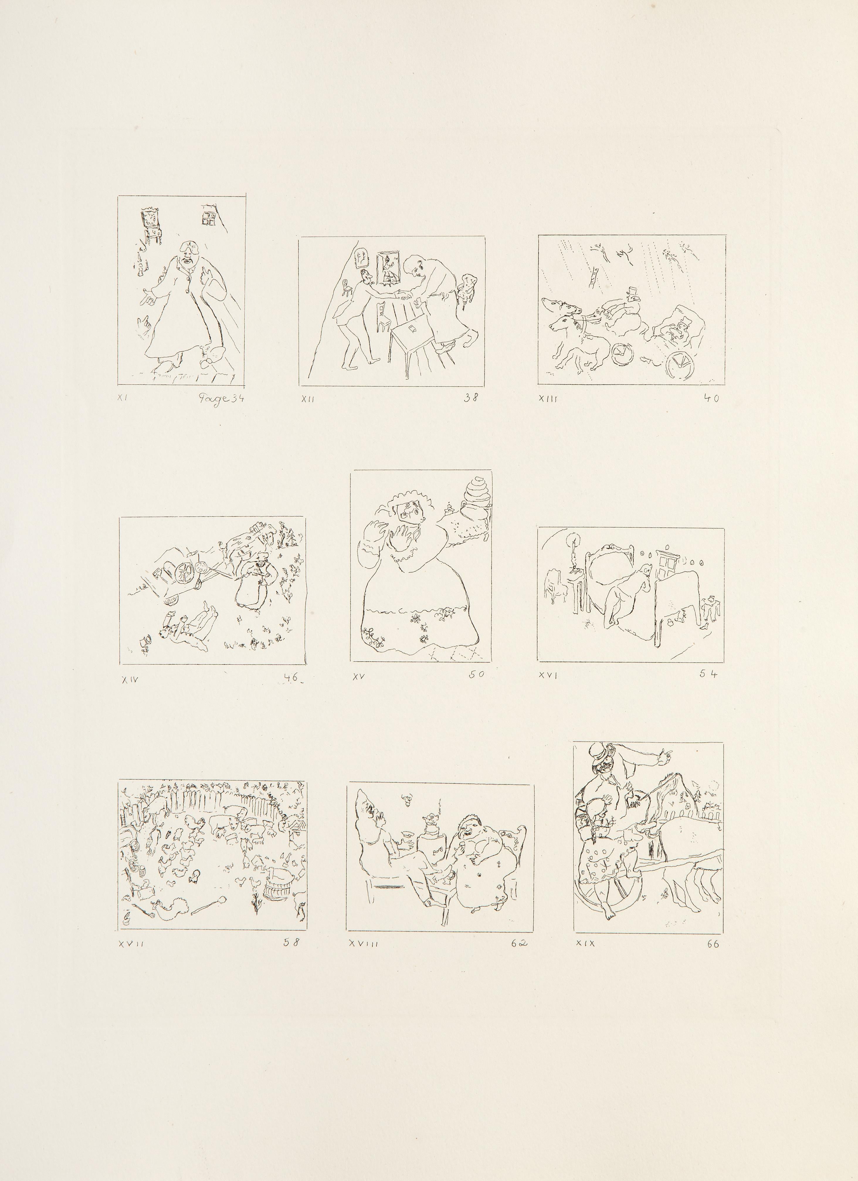 Marc Chagall, Russe (1887 - 1985) - Les Ames Mortes Vignette Tafel 1. Jahr: 1948, Medium: Radierung auf MBM, Bildformat: 10 x 7.75 inches, Format: 15 x 11 in. (38.1 x 27.94 cm), Referenz: Cramer 17, Beschreibung: Aus der Sammlung des verstorbenen
