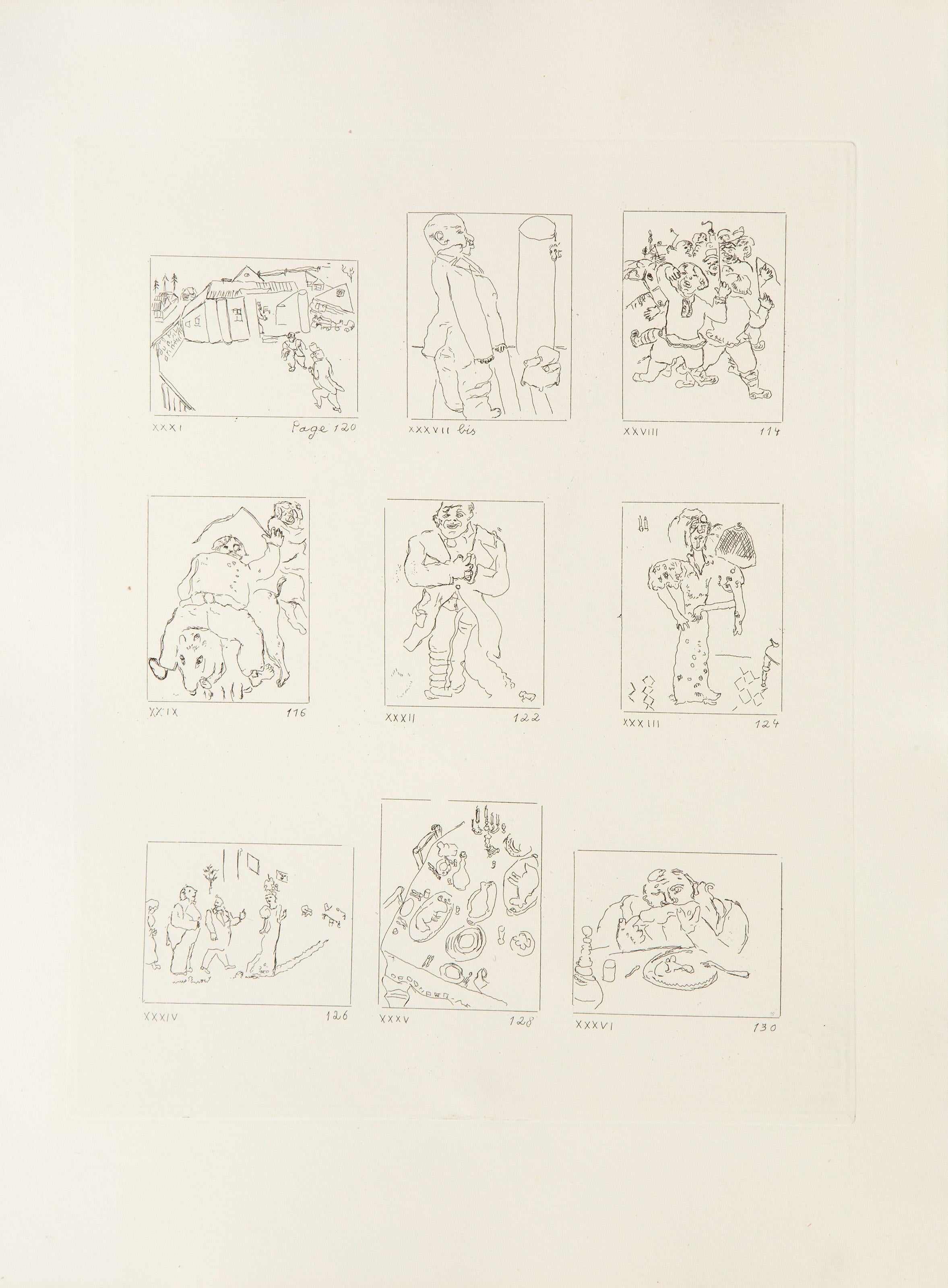  Marc Chagall, Russian (1887 - 1985) - Les Ames Mortes Vignette Plate 4, Year: 1948, Medium: Etching on Arches, Image Size: 9.25 x 7.25 inches, Size: 15 x 11 in. (38.1 x 27.94 cm), Printer: Raymond Haaseen, Paris, Reference: Cramer 17, Provenance: