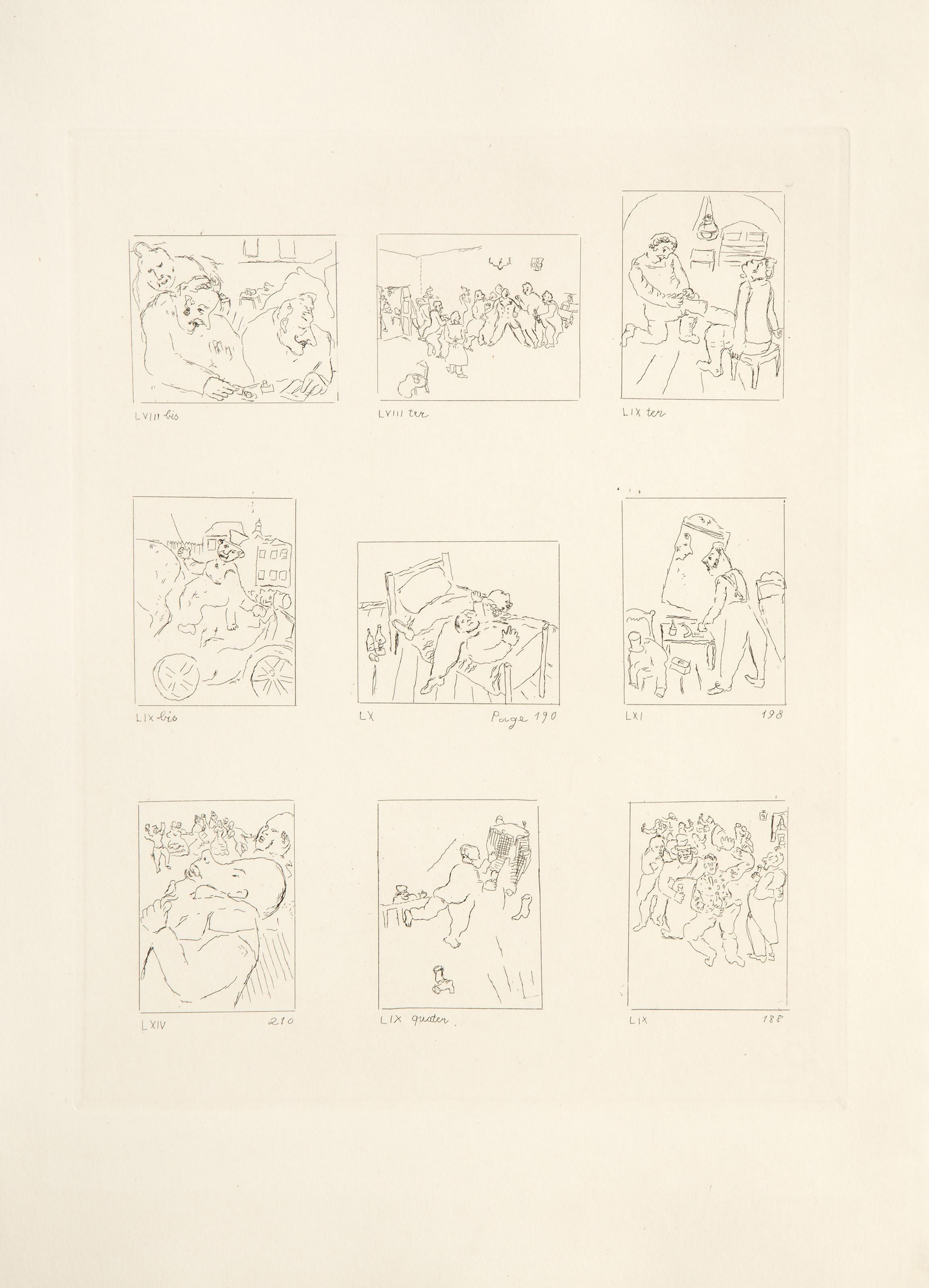 Marc Chagall, Russian (1887 - 1985) - Les Ames Mortes Vignette Plate 8, Year: 1948, Medium: Etching on Arches, Image Size: 9.25 x 7.25 inches, Size: 15 x 11 in. (38.1 x 27.94 cm), Printer: Raymond Haaseen, Paris, Reference: Cramer 17, Provenance:
