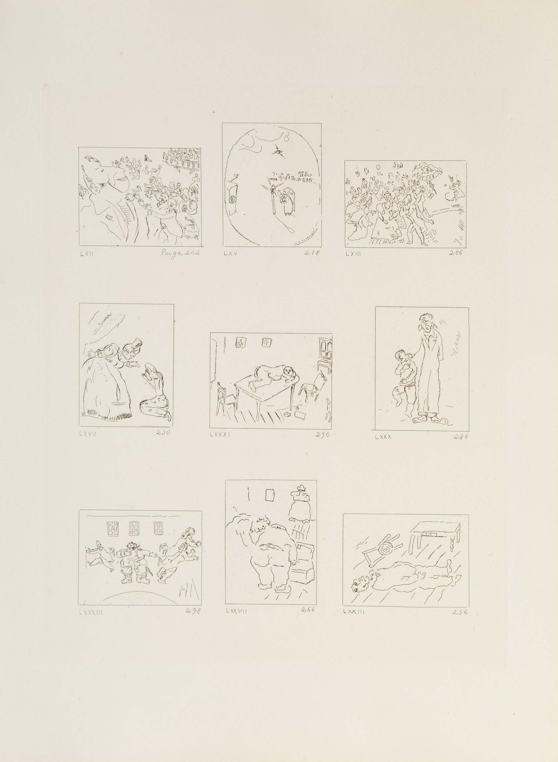  Marc Chagall, russo (1887 - 1985) -  Les Ames Mortes Vignette Plate 9, Anno: 1948, Medium: Acquaforte su archi, Dimensioni immagine: 9,25 x 7,25 pollici, Dimensioni: 15 x 11 pollici (38,1 x 27,94 cm), Stampatore: Raymond Haaseen, Parigi,