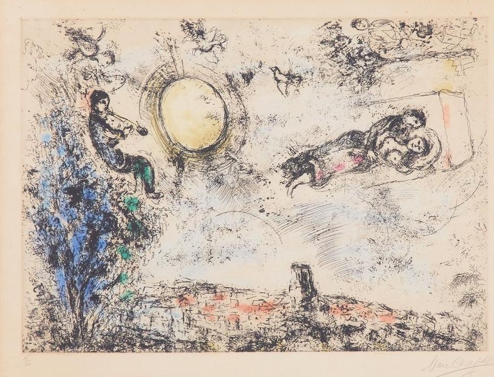 Les Amoreaux Dans La Ciel à Saint Paul, Aguafuerte surrealista, Firmado