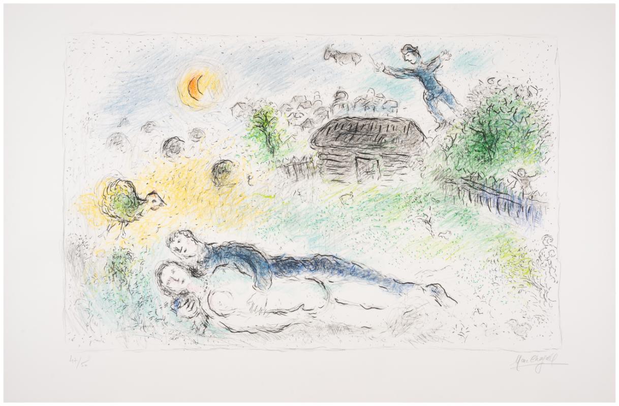 Marc Chagall Figurative Print – Die Liebespaare der Isba