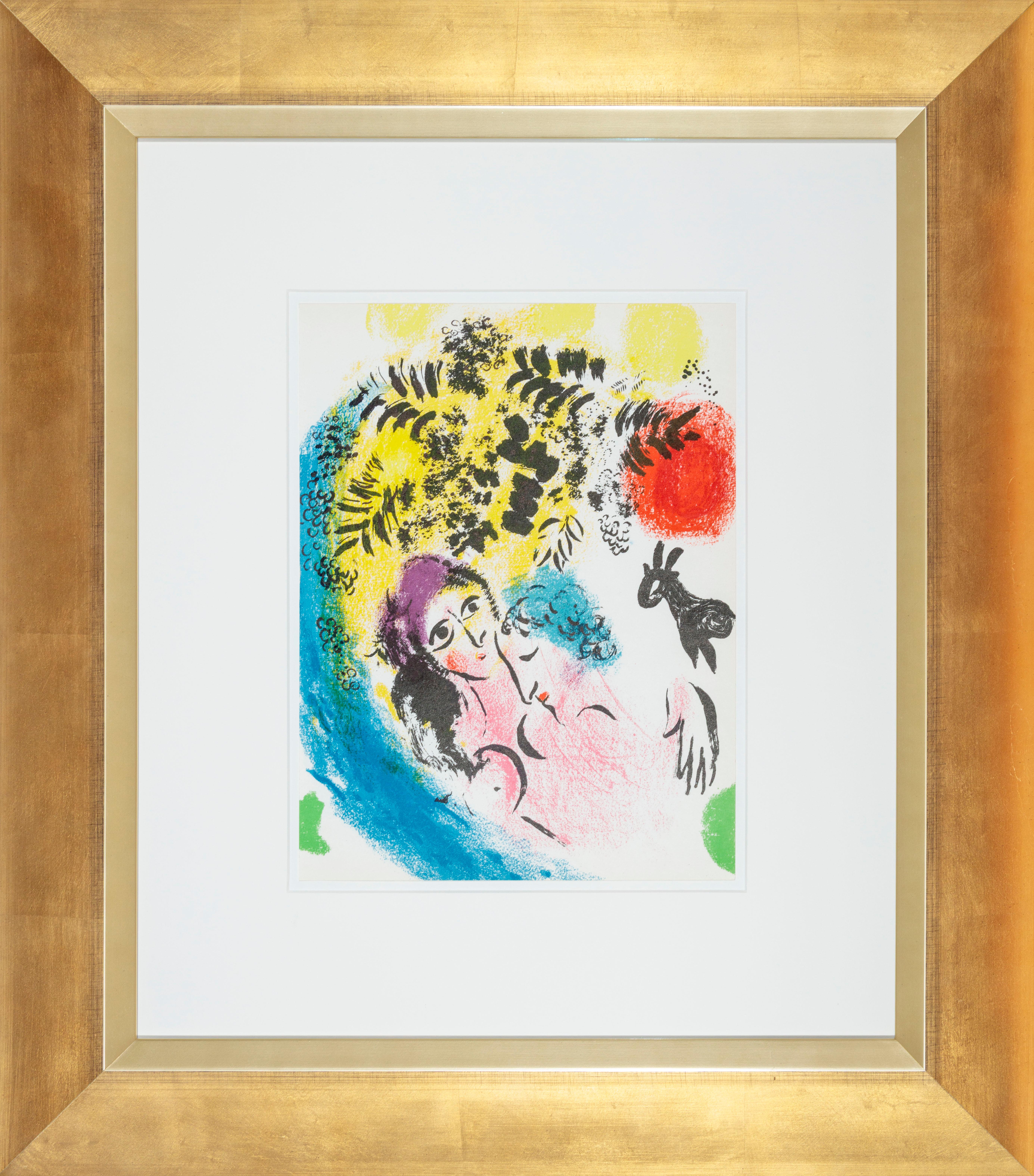 Les Amoureux au Soleil rouge (Lovers with red sun) - Print by Marc Chagall