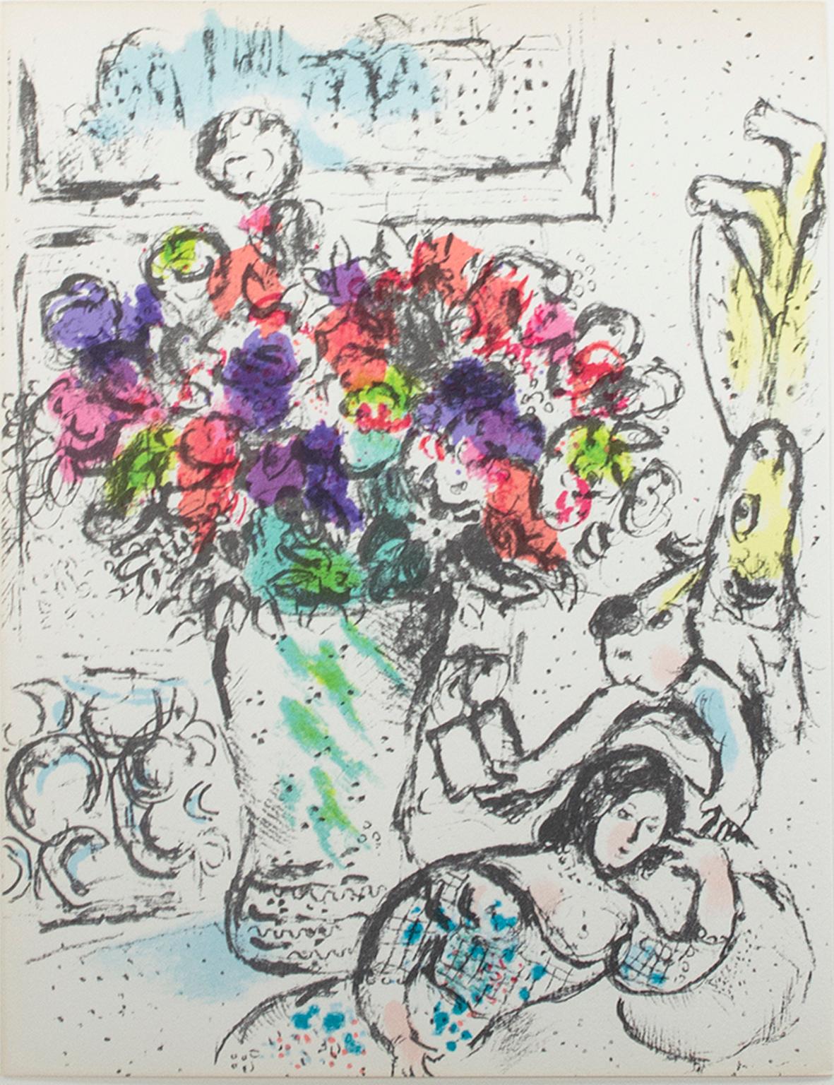 „Les Anmones (The Anemones):: M 730“ ist eine Original-Farblithographie von Marc Chagall. Frontispiz für „Chagall Lithographe IV“:: 1974. Der Text auf der Rückseite lautet: „Dies Werk konnte ohne die unschätzbare Hilfe von Madame Marc CHAGALL nicht