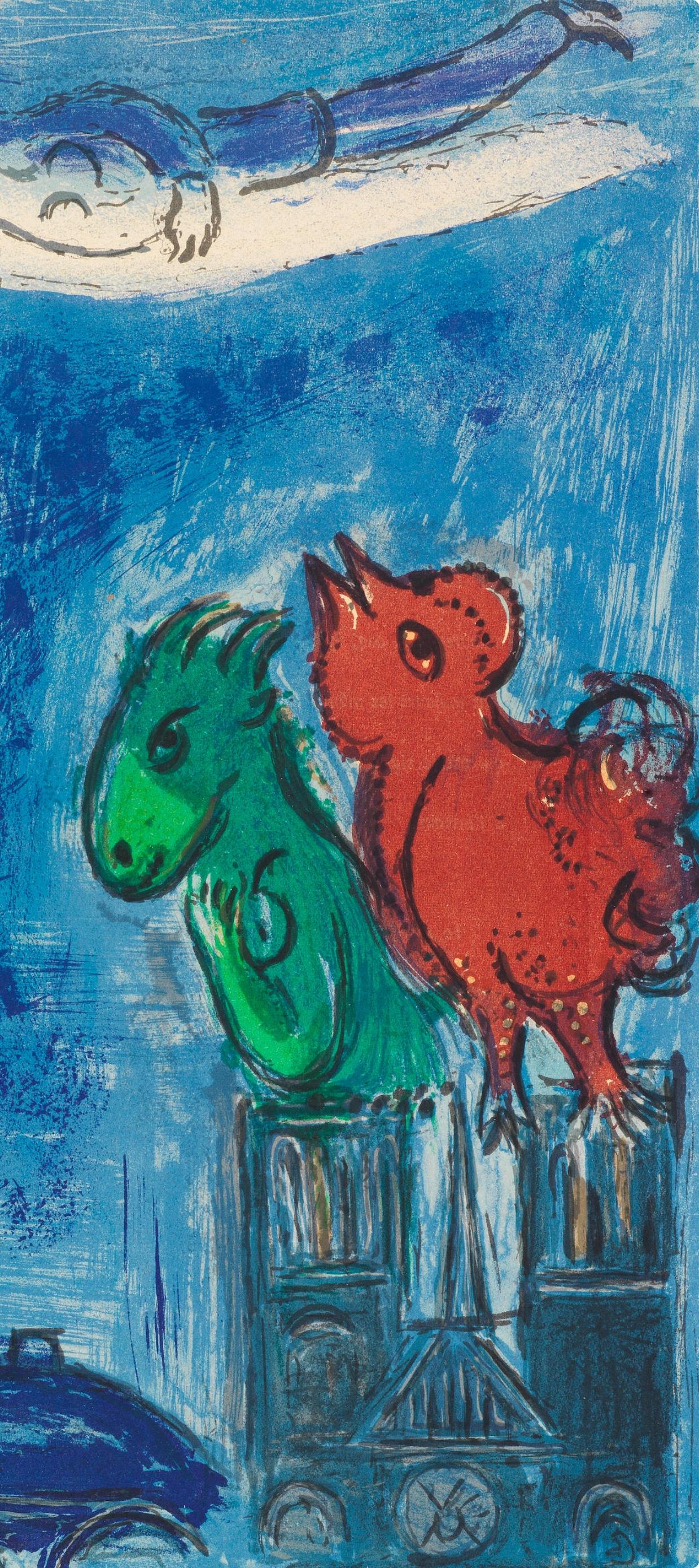 Les Monstres de Notre-Dame (Cramer 24; Mourlot 101), Derrière le miroir – Print von Marc Chagall