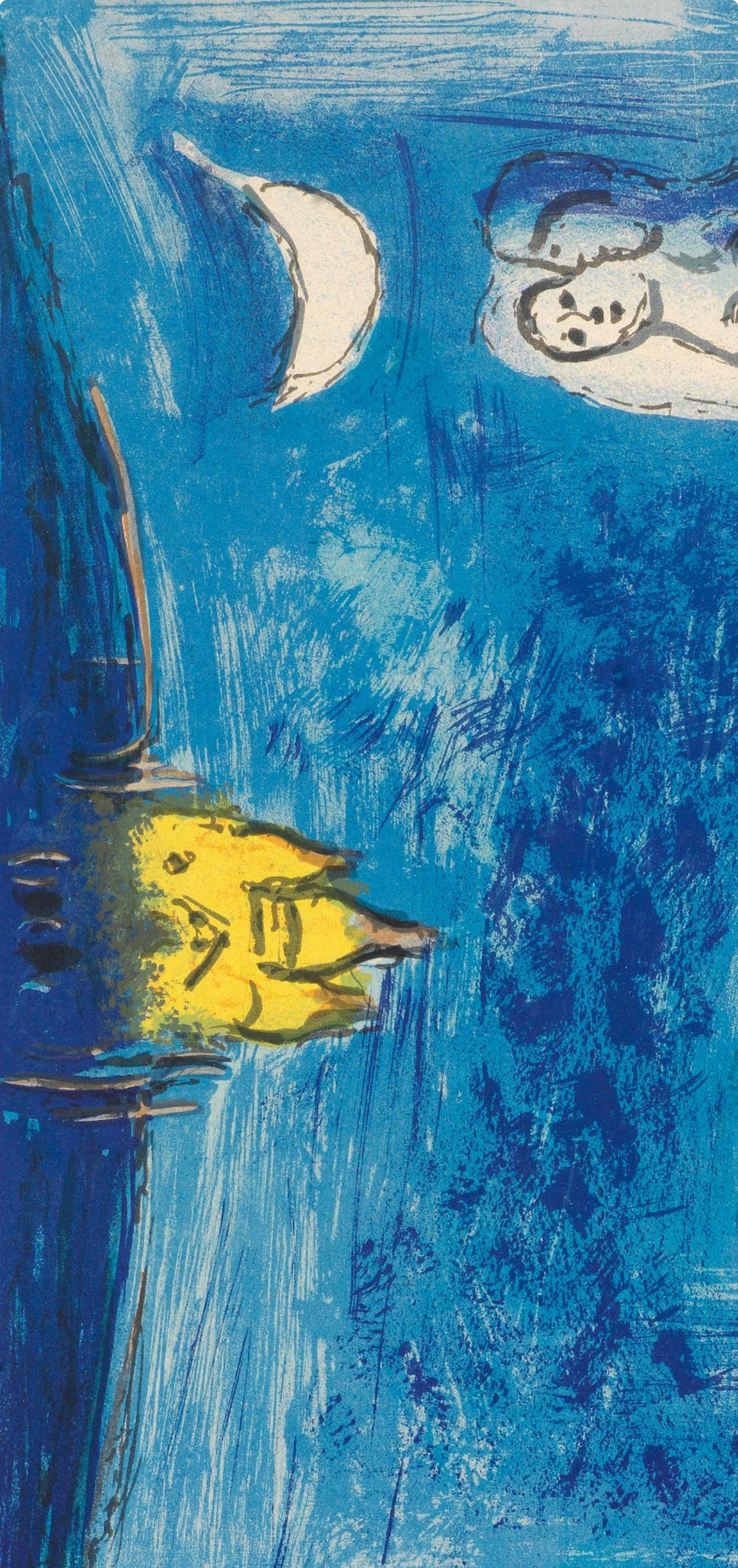 Lithographie auf Velinpapier. Papierformat: 15 x 11 Zoll. Beschriftung: Unsigniert und nicht nummeriert, wie ausgegeben. Referenzen des Werkverzeichnisses: Chagall, Marc, und Julien Cain. Chagall Lithographie. André Sauret, Éditeur, 1960, Abbildung