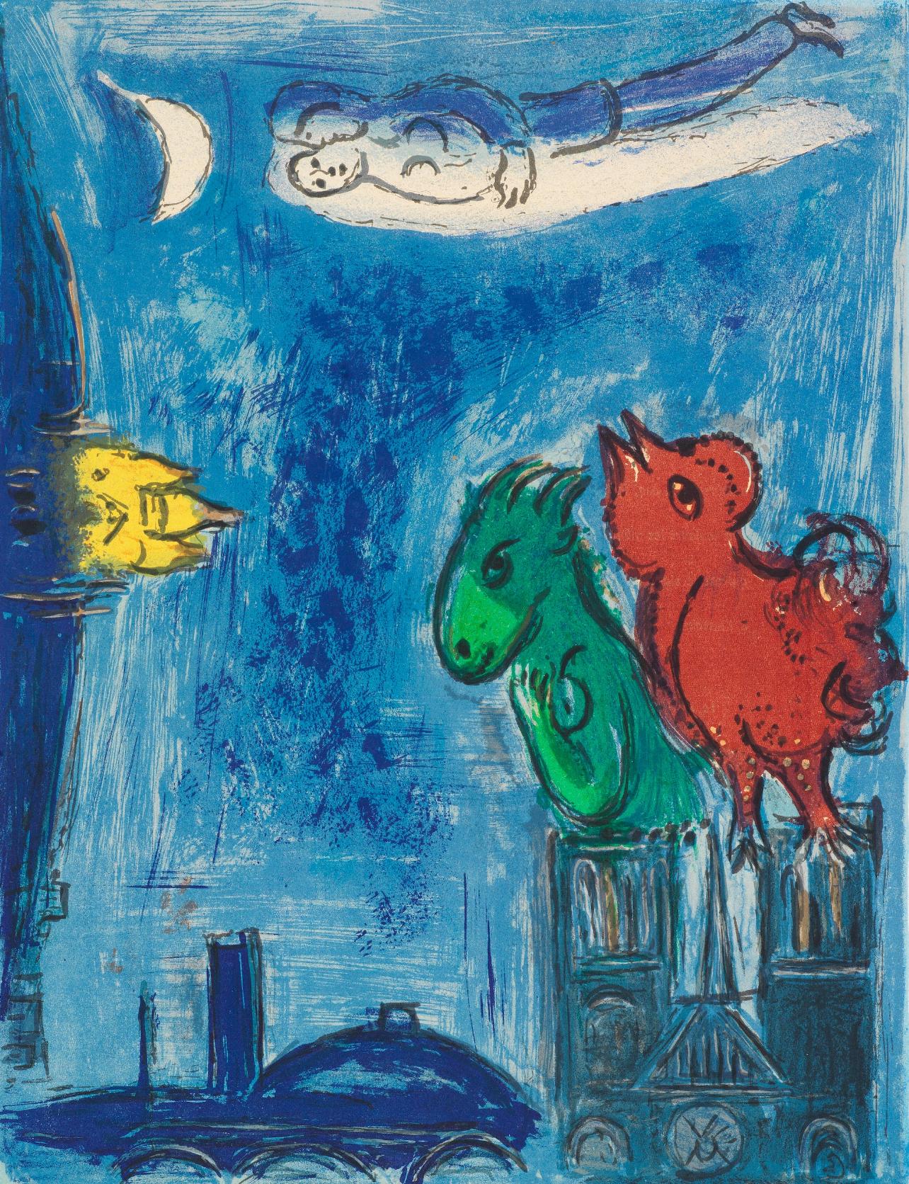 Marc Chagall Landscape Print – Les Monstres de Notre-Dame (Cramer 24; Mourlot 101), Derrière le miroir