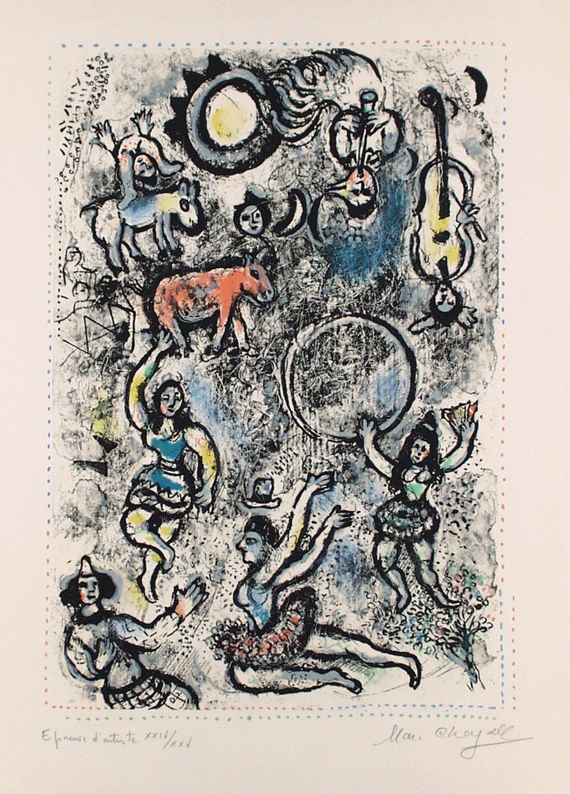 "Les saltimbanques" de Marc Chagall est numéroté et signé Epreuve d'artiste' et numéroté XXIV/XXV, et fait partie de l'édition de 50. Cette lithographie date de 1969. Catalogue raissoné Mourlot 591.