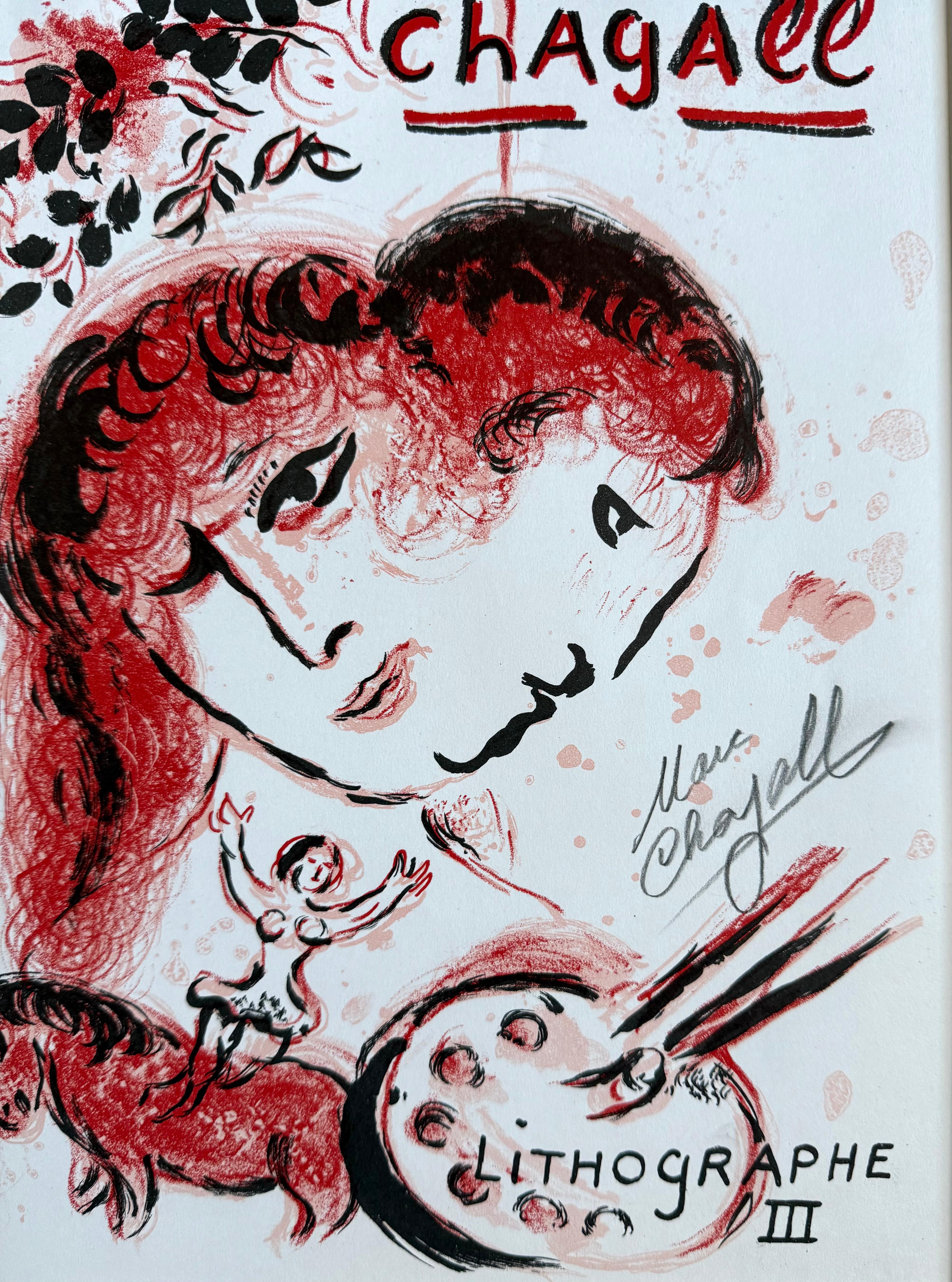 Original colored lithograph, hand signed by the artist Narc Chagall lower right middle.  Sight size is 13.75 by 10 inches. This was the cover for Lithograph 3 published by Mourlot in 1974.  Condition is excellent.  Matted but presently unframed. 