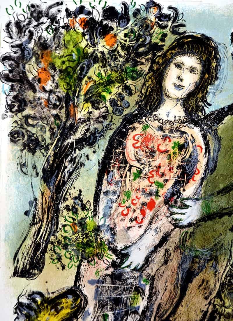 Marc Chagall L'oranger (The Orange Tree), 1975 delicately illustrates an outing between two young lovers as the idle in an orchard. Though their faces are muted, detailed in a lighter color grey so that their facial features aren’t so pronounced,