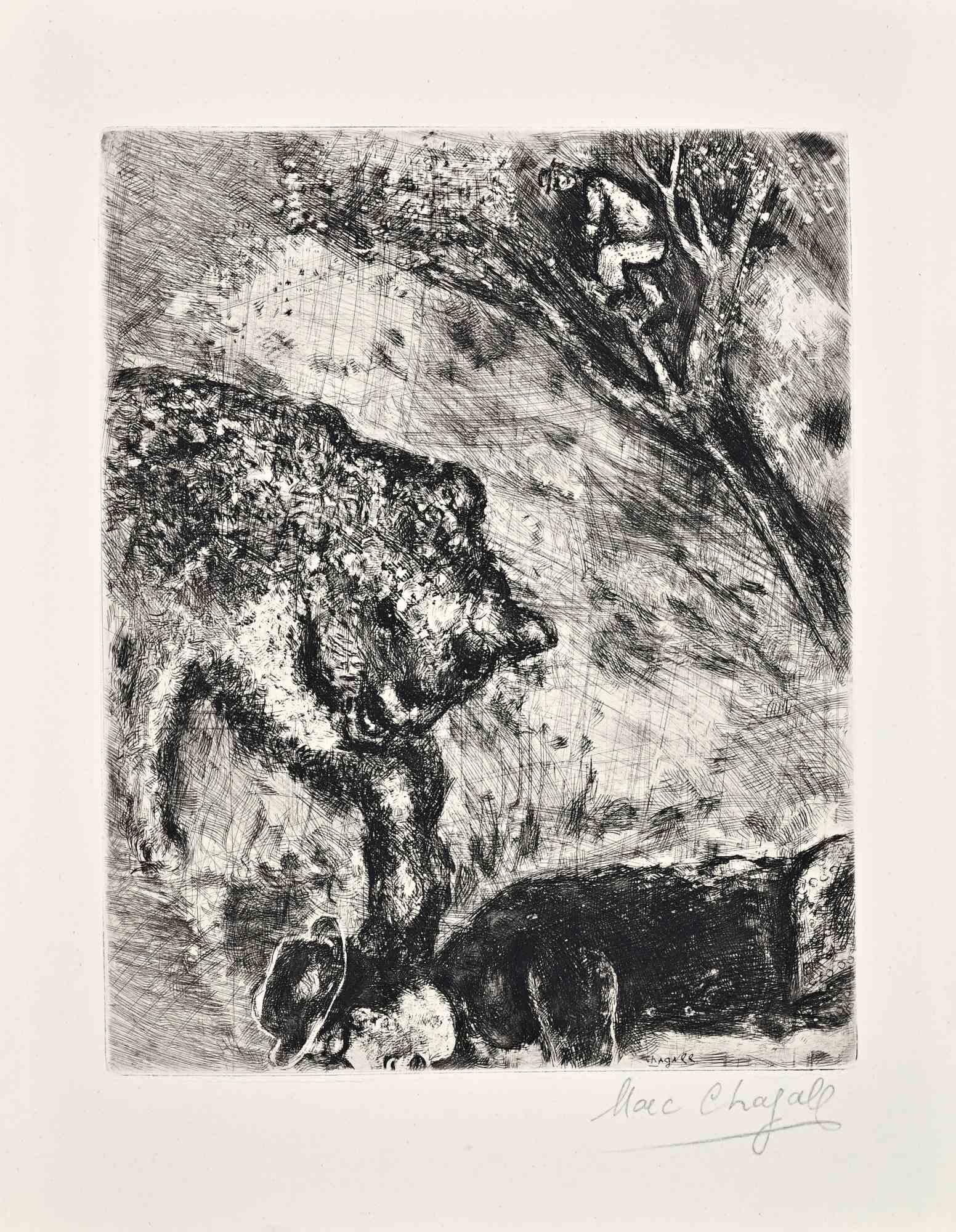 Etching on Montval paper, realized between 1927 and 1930.

Table from "Les Fables de La Fontaine", published in 1952 in and edition of 200.

Hand signed in pencil.

Very good condition.

Ref. Cramer 22; Vollard 161