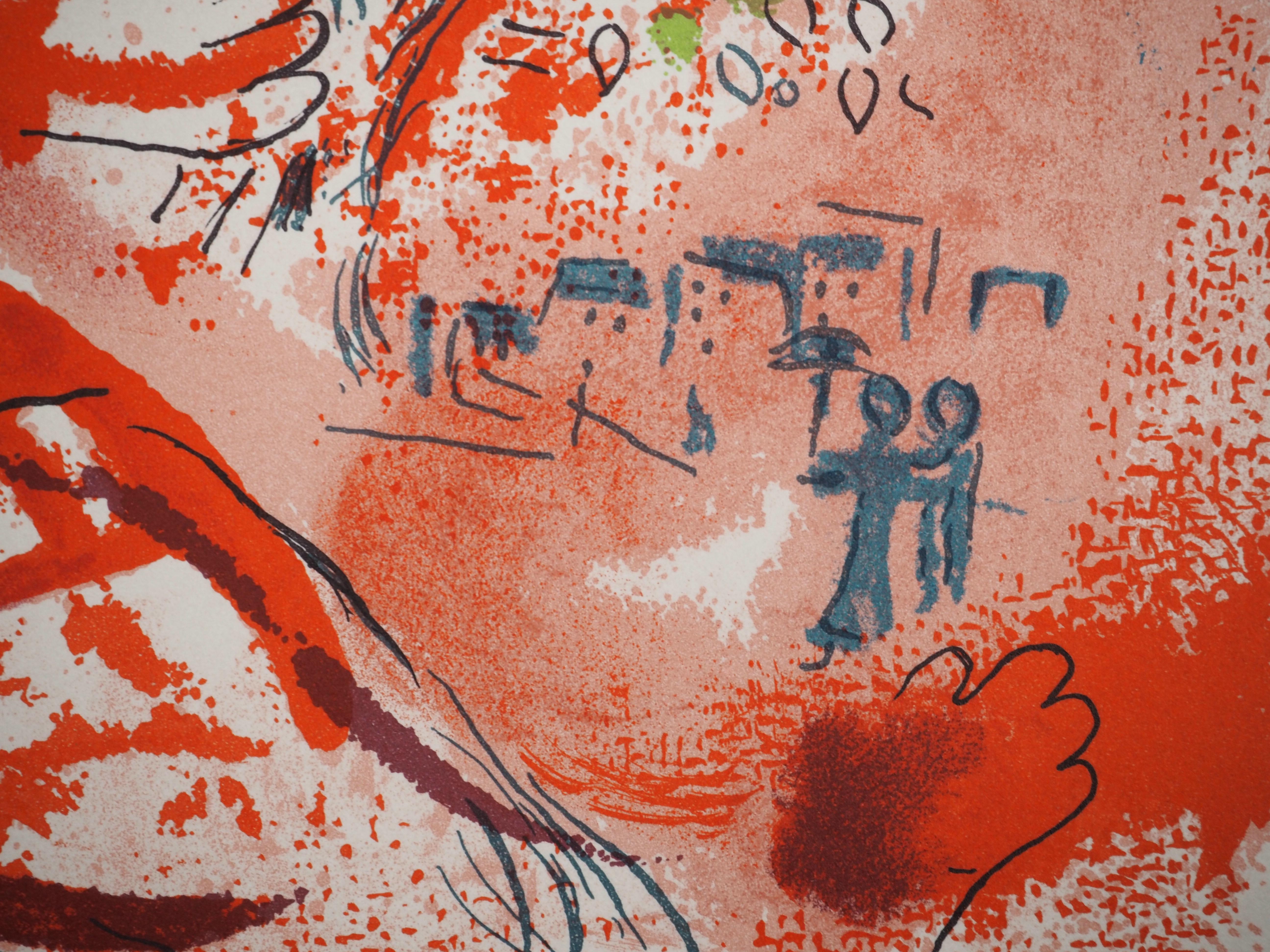 Amantes de los Campos de Marte - Litografía original (Mourlot) - Figurative Print Beige de Marc Chagall