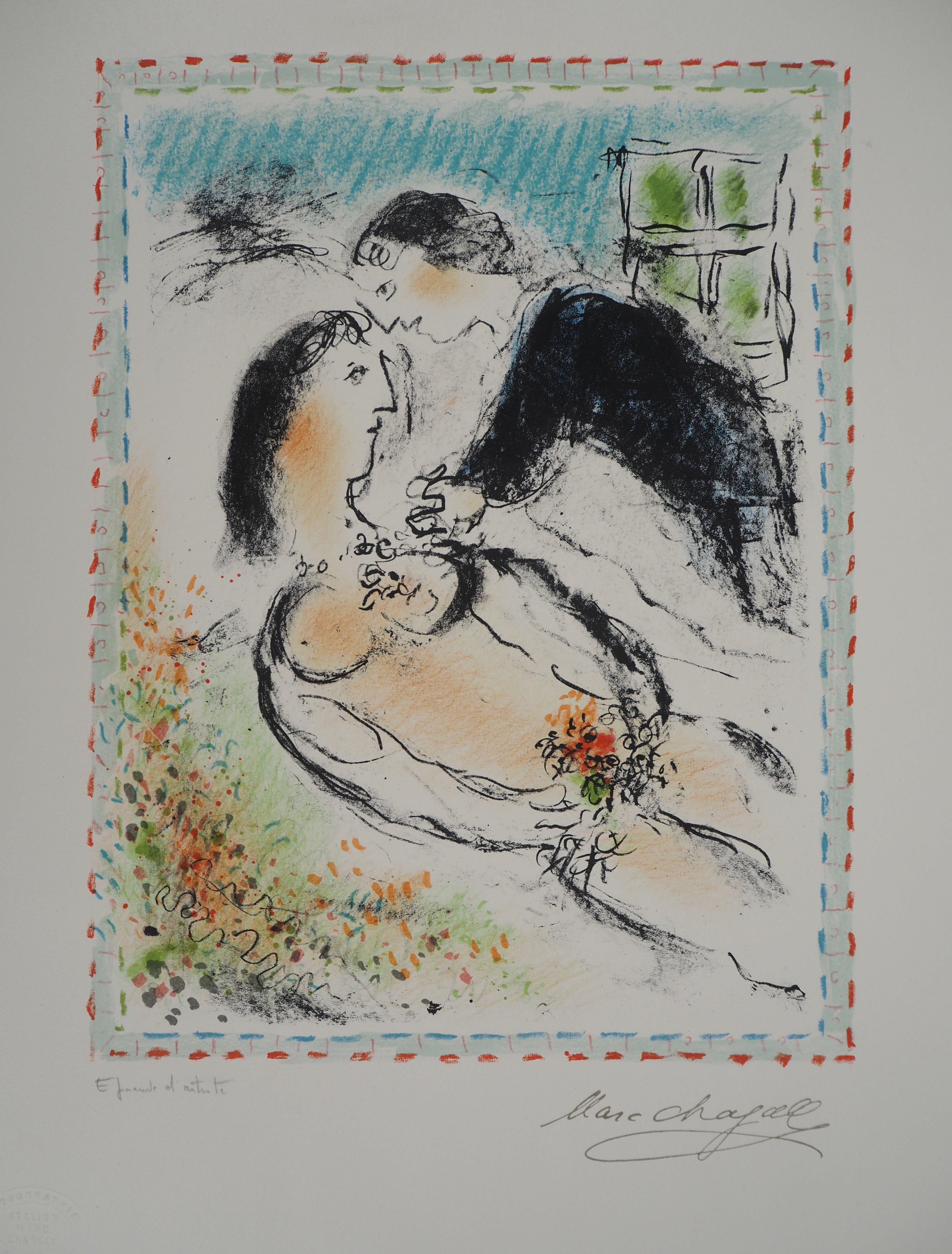 Lovers with a Bouquet of Flowers - Original lithograph HANDIGNED (Mourlot #1037) - Modern Print by Marc Chagall