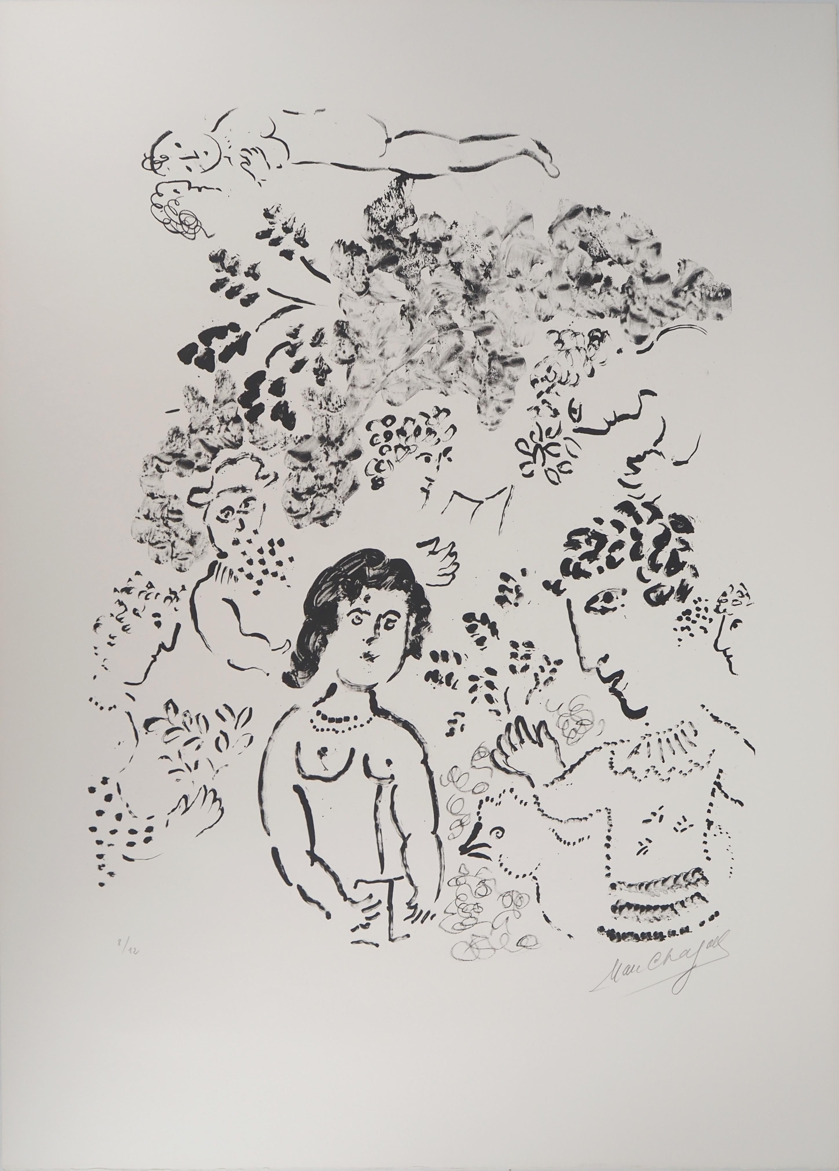 Marc Chagall Figurative Print - Lovers with a Rooster - Tall Original lithograph Handsigned - Mourlot #1033