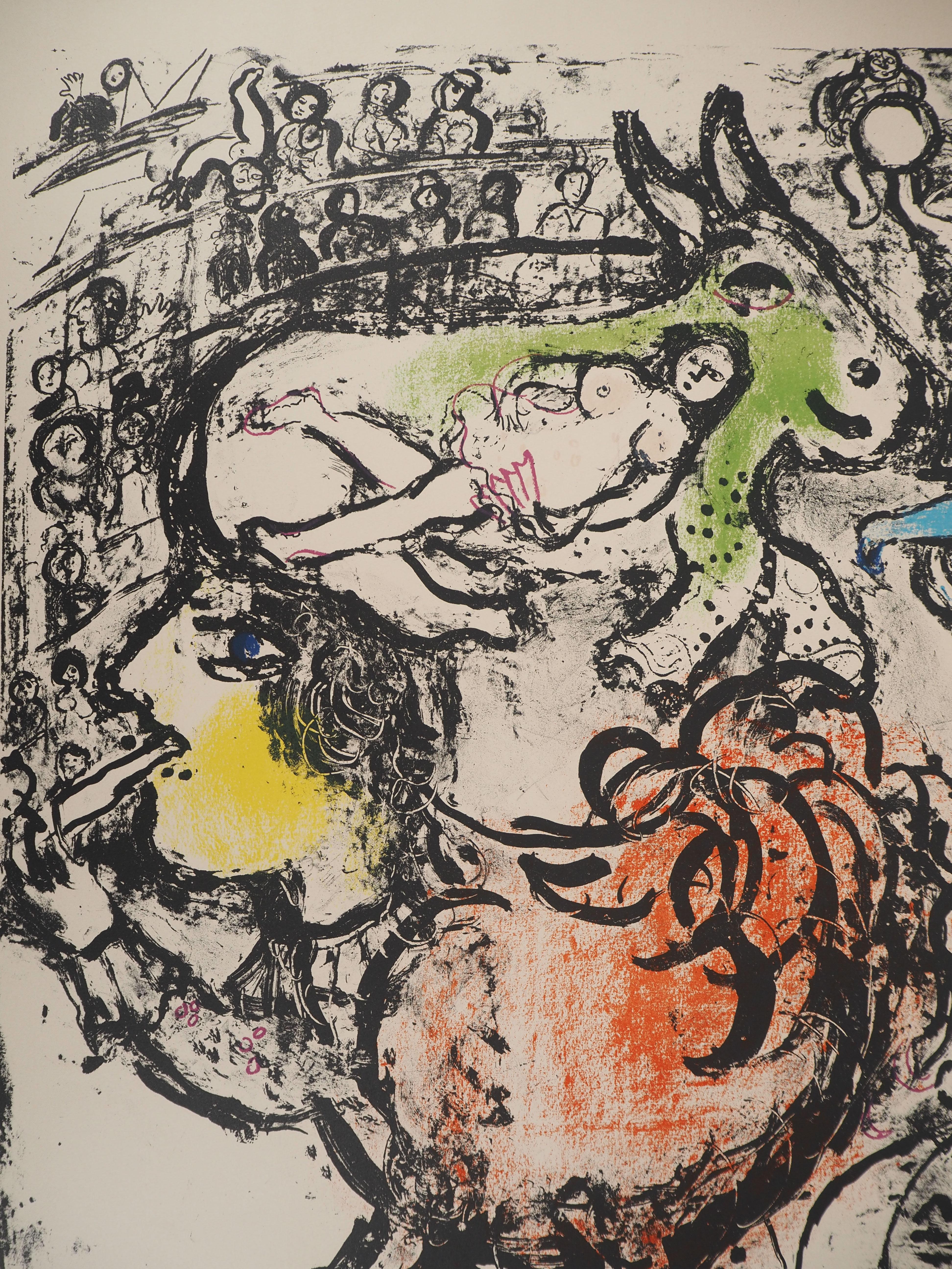 Lovers with a Rooster & a Donkey-Original lithograph HAND SIGNED (Mourlot #306) - Brown Figurative Print by Marc Chagall