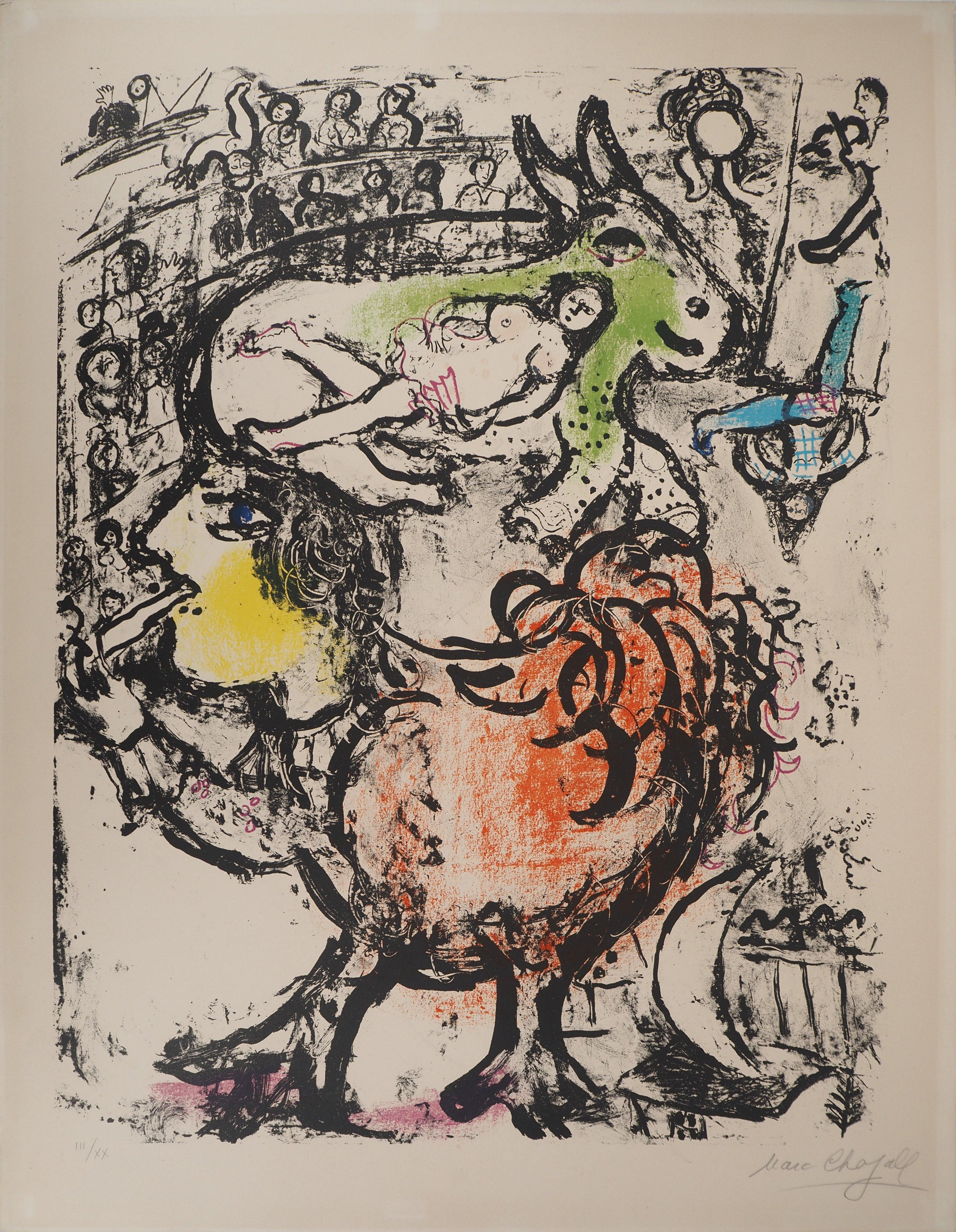 Marc Chagall Figurative Print - Lovers with a Rooster & a Donkey-Original lithograph HAND SIGNED (Mourlot #306)