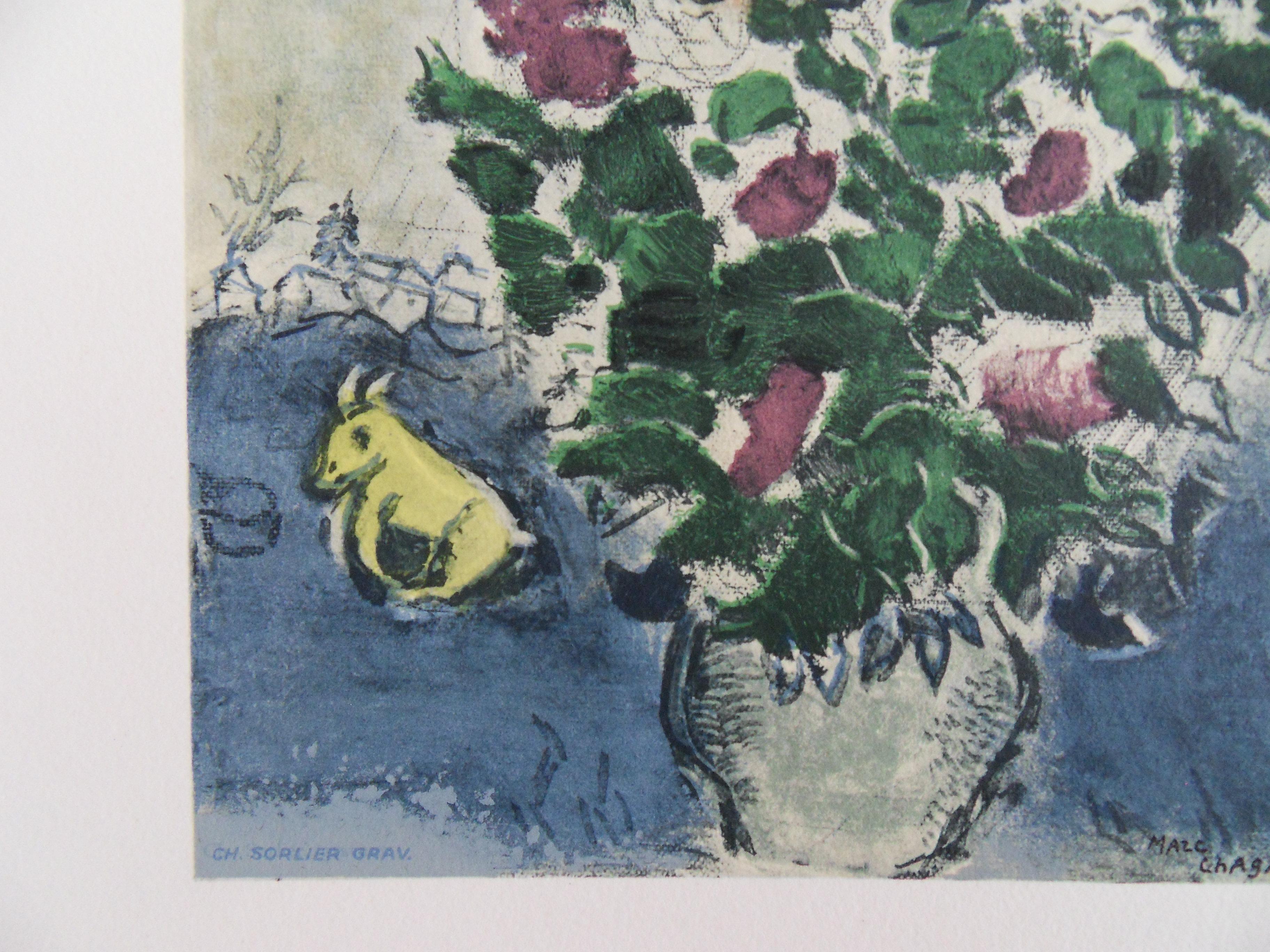 Marc CHAGALL
Bouquet de fleurs coloré

Lithographie sur pierre en couleurs (atelier Mourlot)
Gravure de Sorlier sous la direction de Marc Chagall
Signature imprimée dans la plaque
Sur vélin d'Arches 38 x 28 cm (c. 15 x 11 in)

INFORMATION : 
Édité