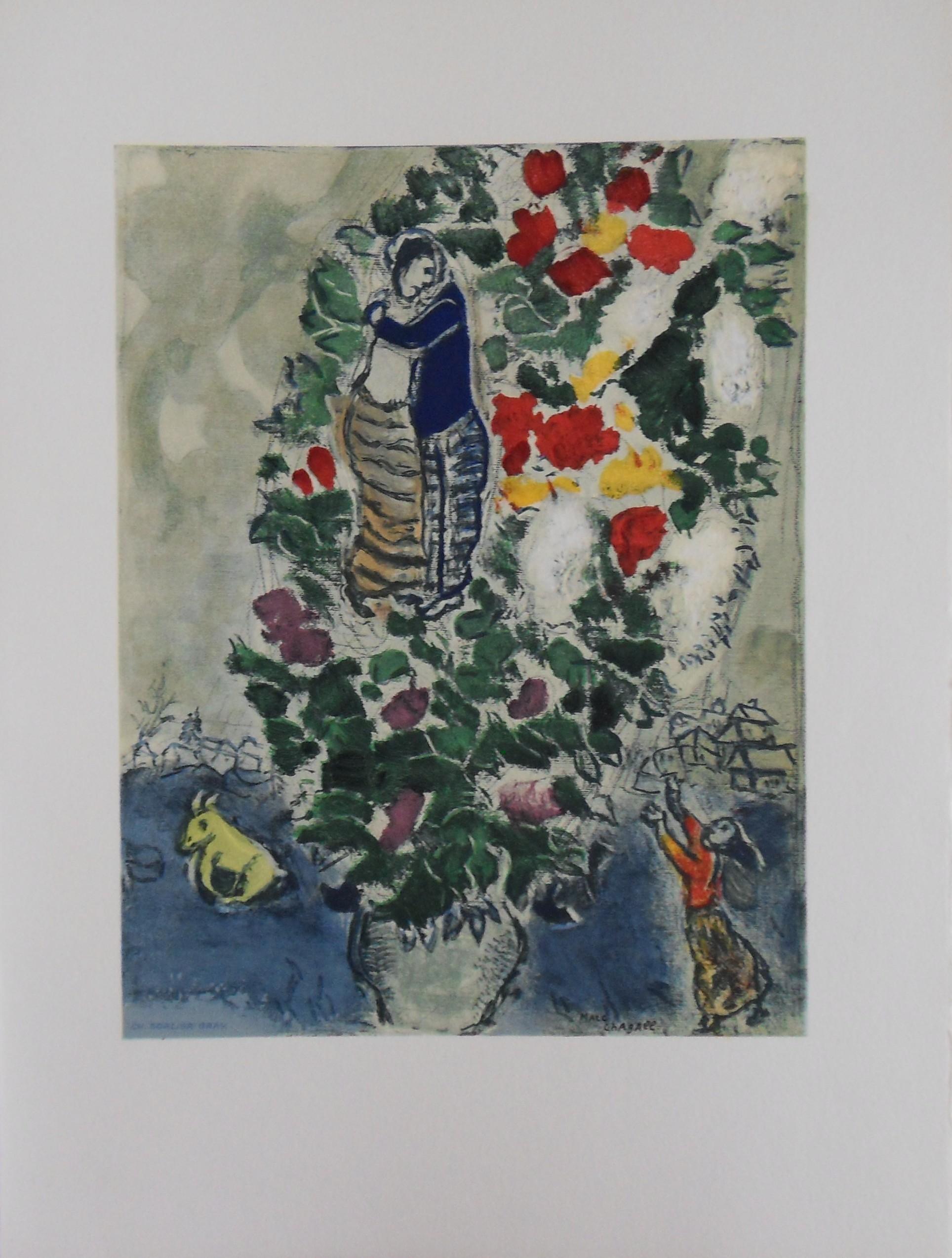 Figurative Print Marc Chagall - Les amoureux avec un bouquet de fleurs - Lithographie originale - 1965
