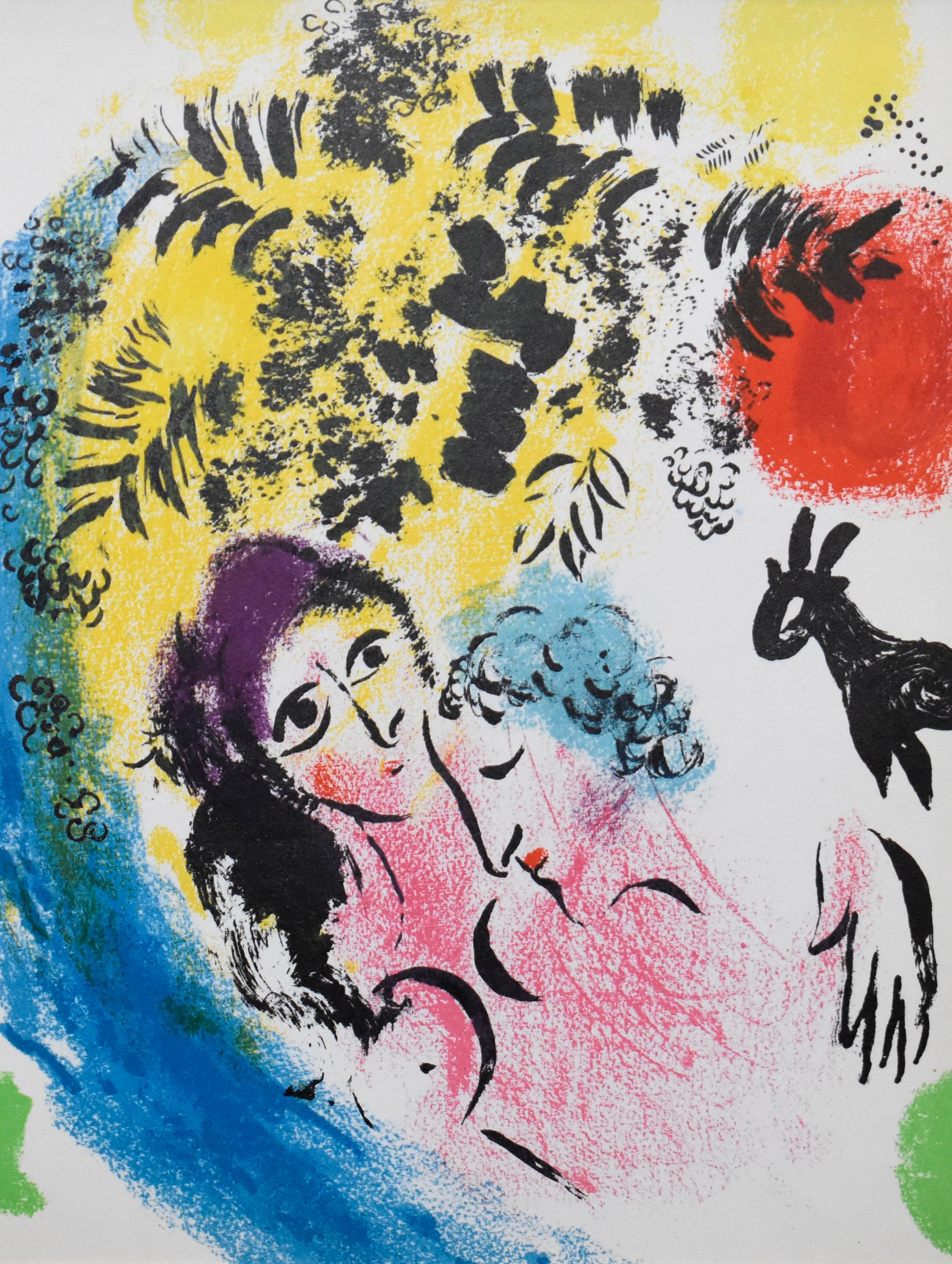 Figurative Print Marc Chagall - Amants au soleil rouge
