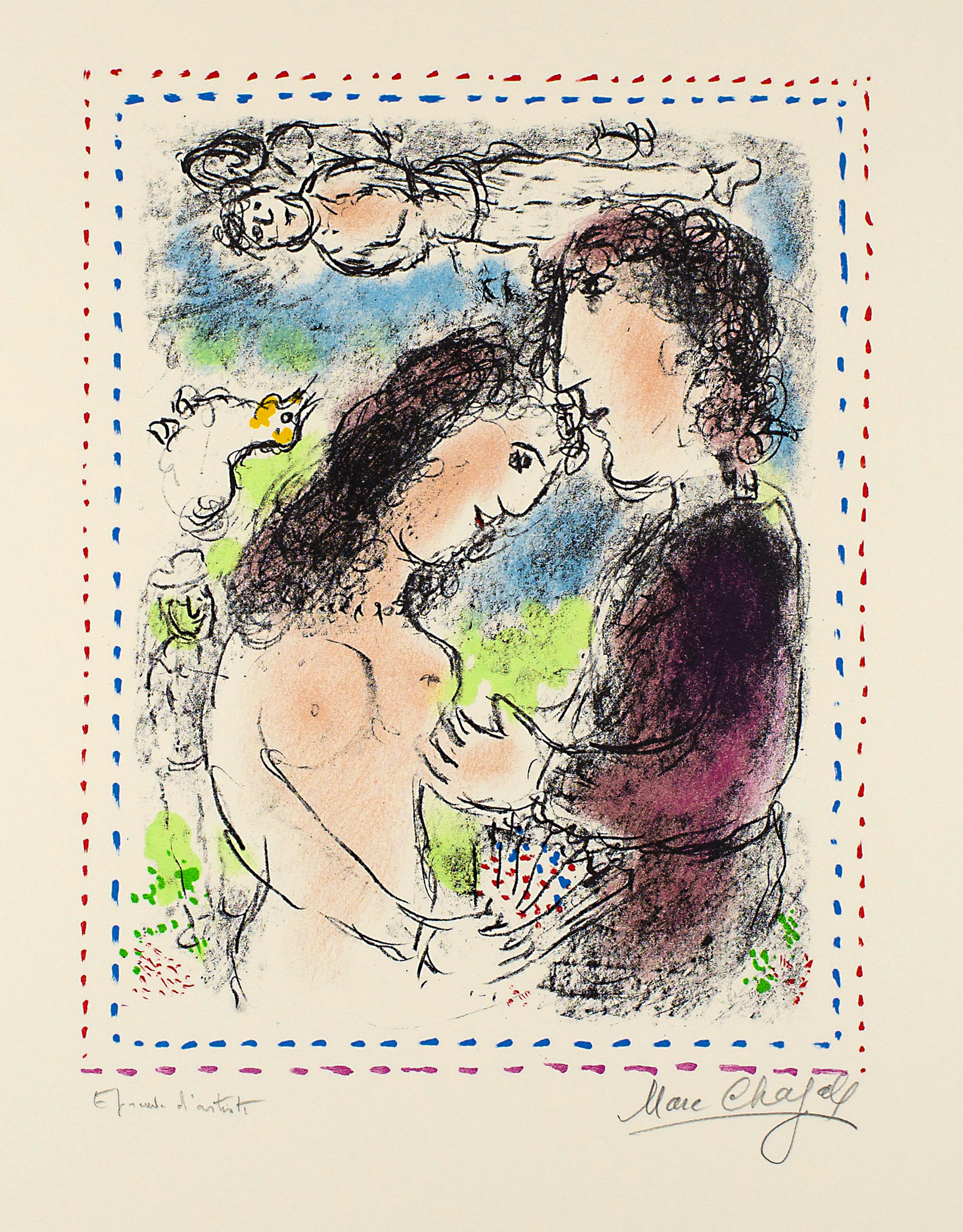 MARC CHAGALL (1887-1985)
“A l’Aube de l’amour”
Farbige Lithographie, November 1983, 
35 x 27 cm, image;54, 5x43 cm, sheet size. 
Signature: Lower right signed by the artist in pencil “ Marc Chagall”, left inscribed “Epreuve d’artiste”. Catalog