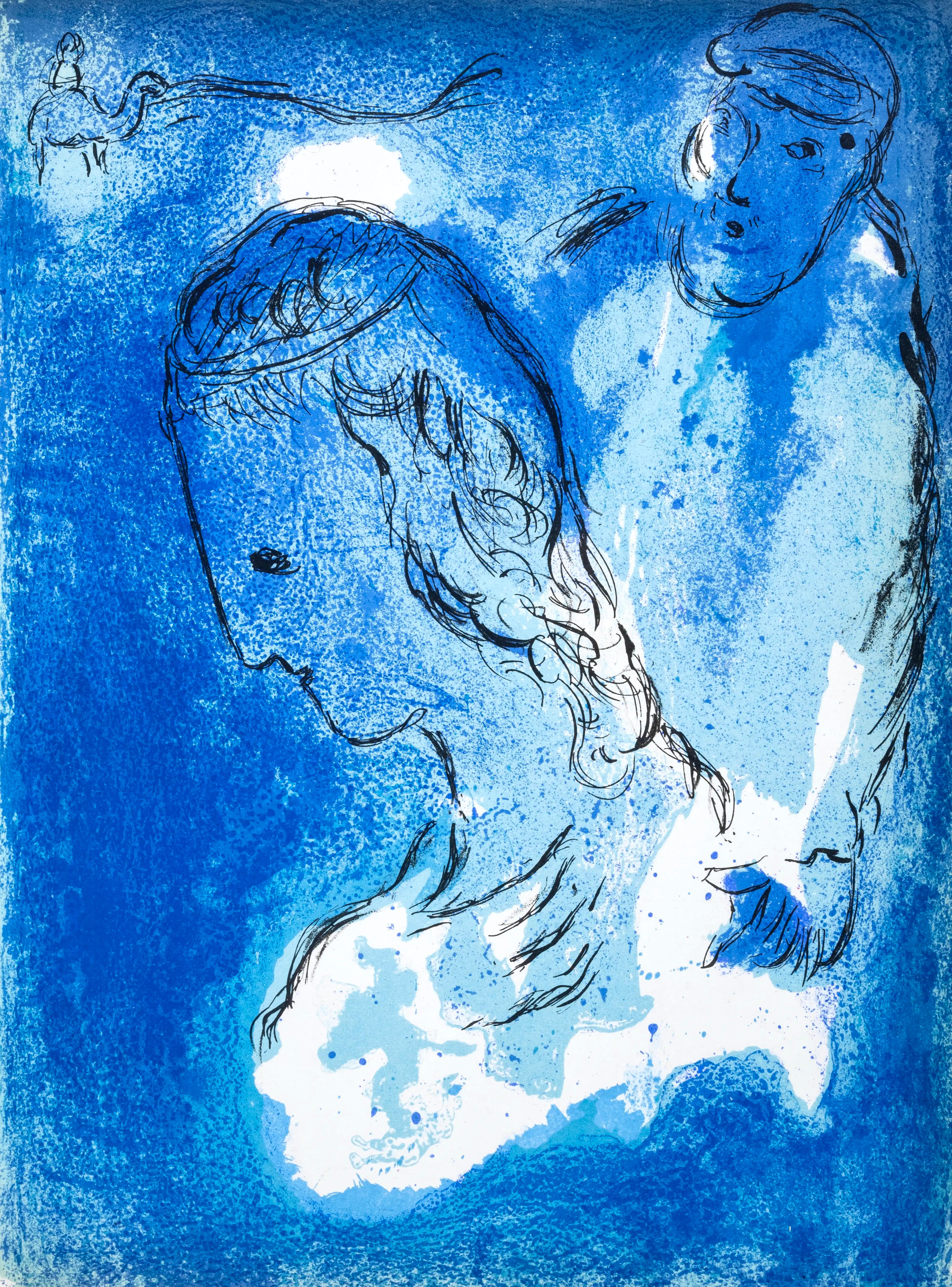Questa splendida litografia di Marc Chagall (1887-1985), intitolata Abraham et Sarah (Abramo e Sarah), tratta da Marc Chagall, Dessins Pour La Bible (Disegni per la Bibbia), Verve: Revue Artistique et Litteraire, Vol. VIII, n. 33-34, proviene dal