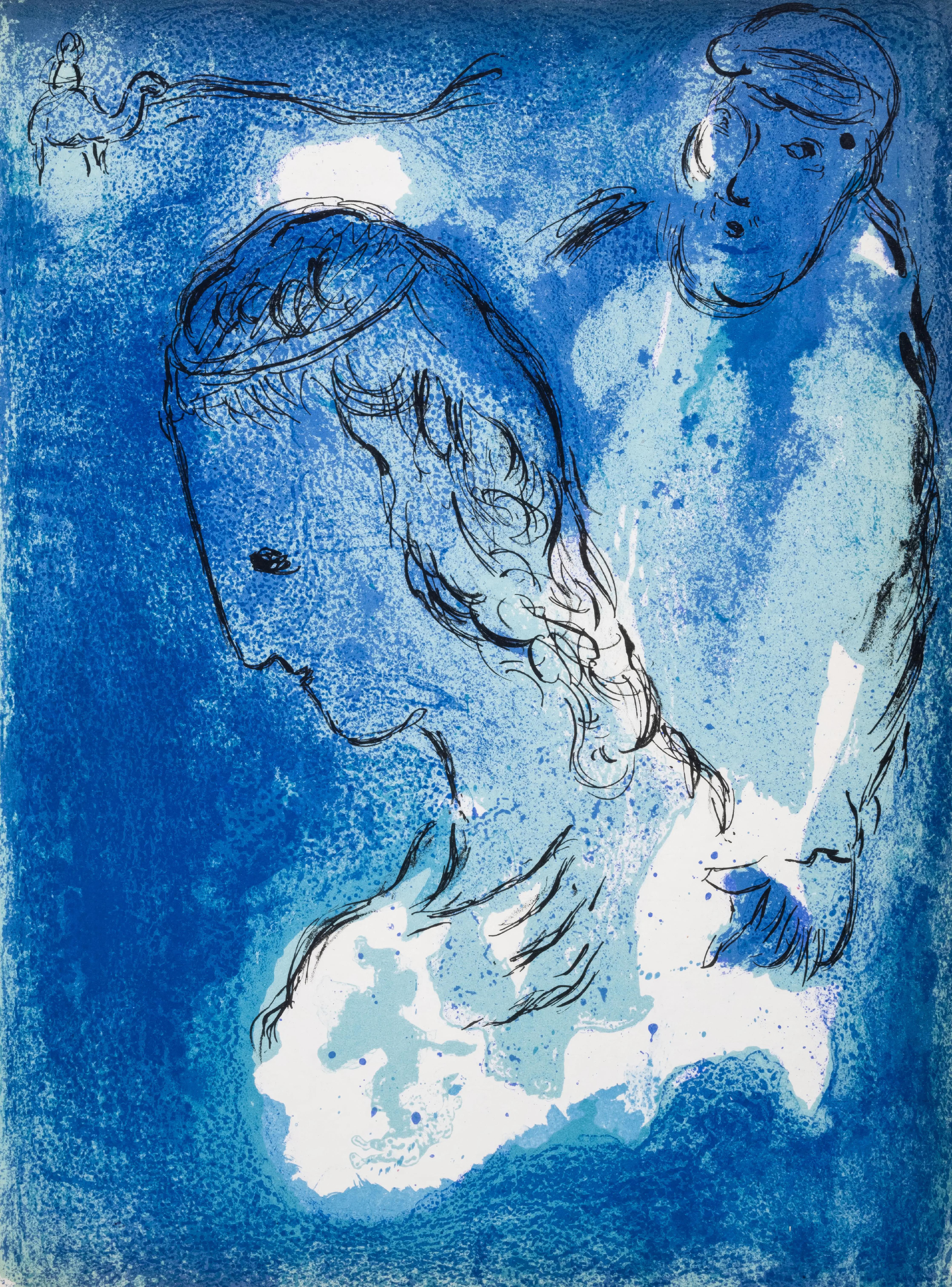 This exquisite lithograph by Marc Chagall (1887–1985), titled Abraham et Sarah (Abraham and Sarah), from Marc Chagall, Dessins Pour La Bible (Drawings for the Bible), Verve: Revue Artistique et Litteraire, Vol. VIII, No. 33-34, originates from the