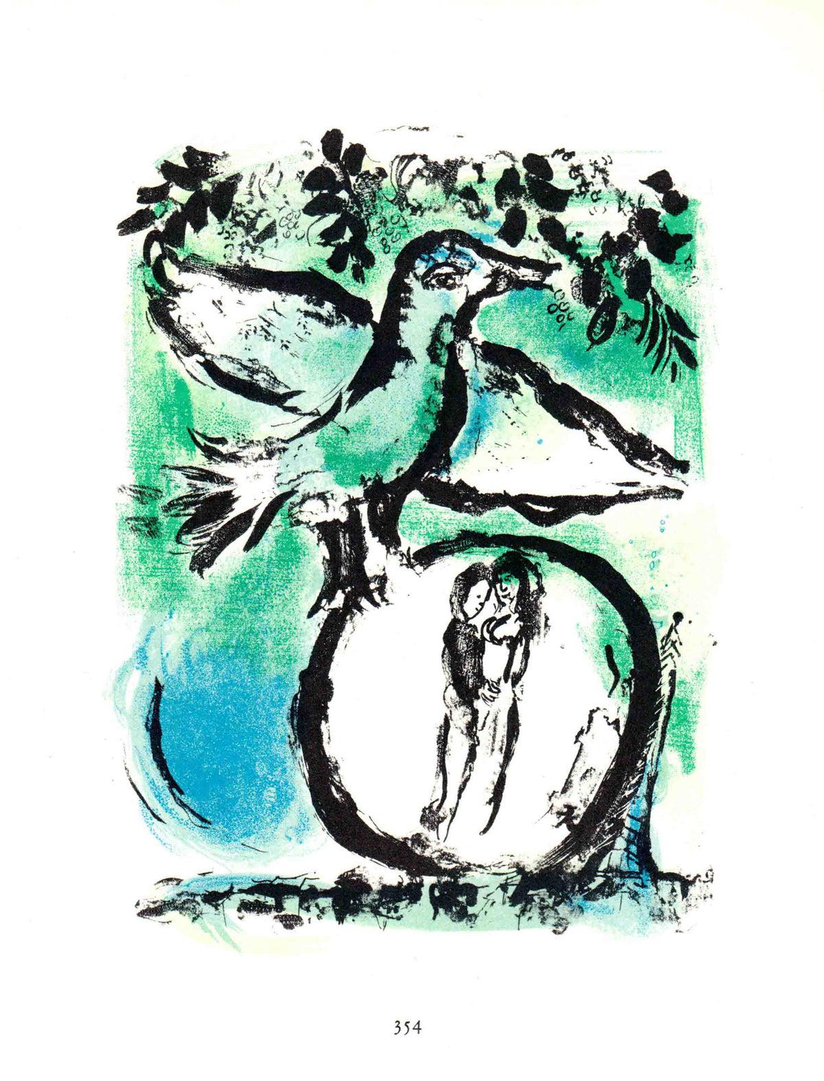 Book page 177 in Chagall Lithographe II (1957-1962) Reproduction of lithograph created in 1962. 

Book text in French by Fernand Mourlot. It was the second of five catalogues. This edition covers twelve lithographs of Chagall from 1957 through 1962