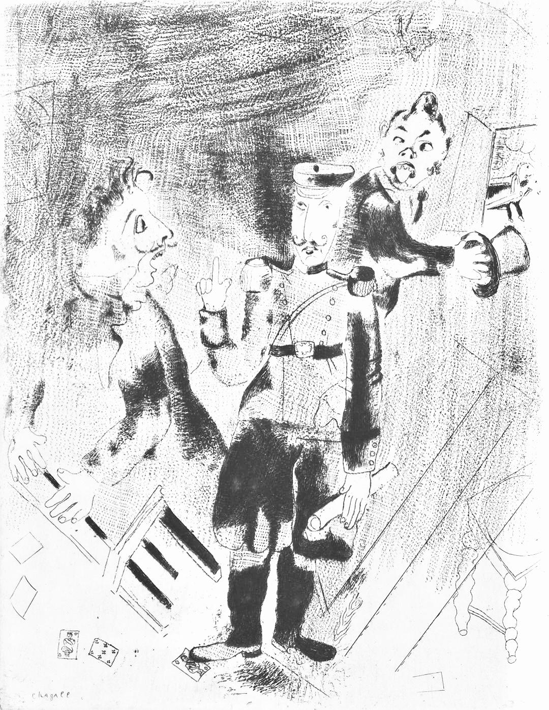 This exquisite etching by Marc Chagall (1887–1985), titled Apparition des policiers (Appearance of the Policemen), originates from the celebrated folio Nicolas Gogol, Les Ames mortes, Eaux-fortes originales de Marc Chagall (Nicolas Gogol, Dead