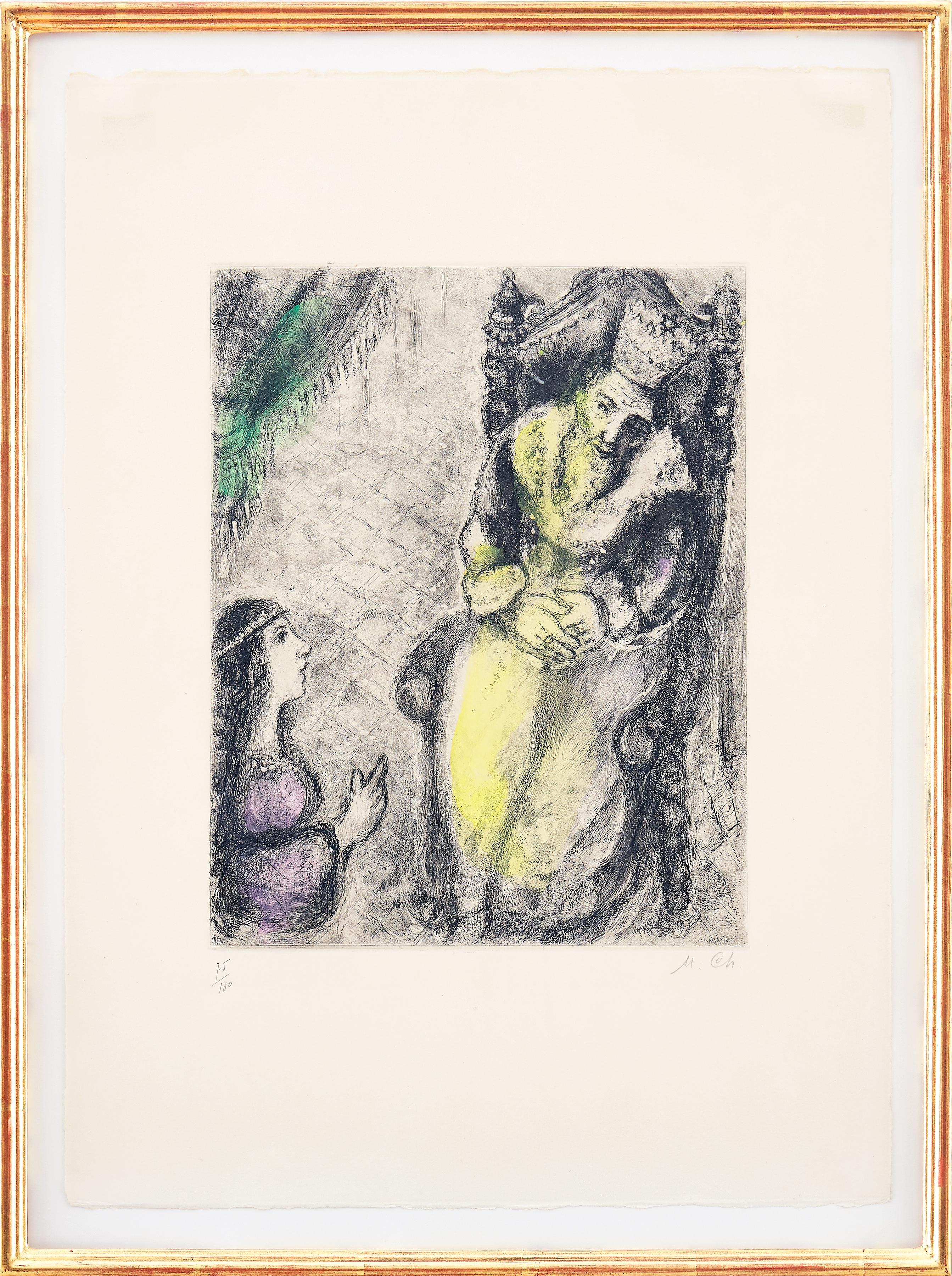 Marc Chagall - Bath-Sheba aux pieds de David - Gravure originale signée à la main
1958
Imprimé par Tériade
Dimensions : 54 x 39 cm 
Signé et numéroté à la main 
coloré à la main
Edition : 100
Référence : Cramer 30. 
Eau-forte coloriée à la main,